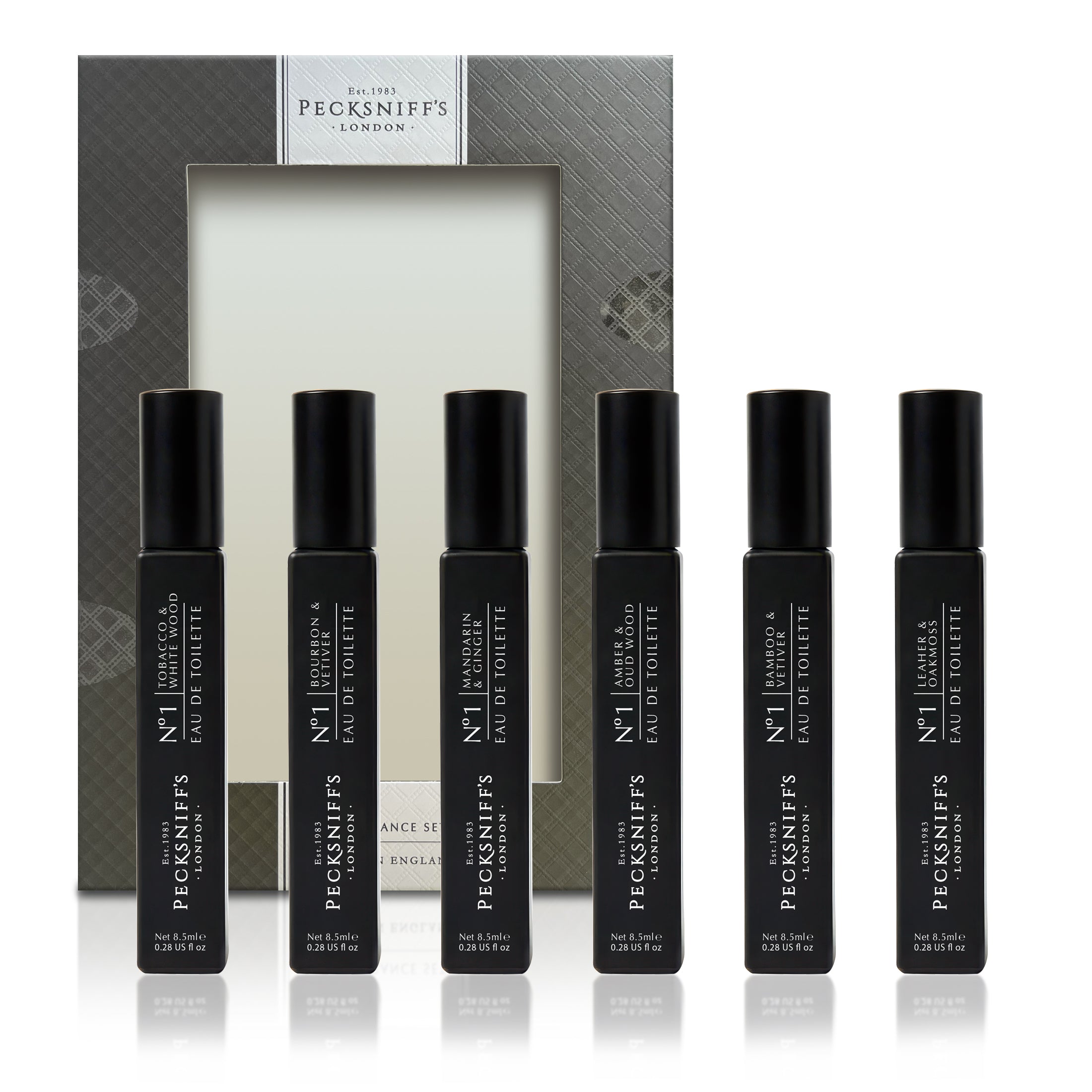 Pecksniff’s Men’s Essentials Fragrance Gift Set – 6x10 ml Eau de Toilette Collection – Luxury Mini Cologne Sampler, Designed in England