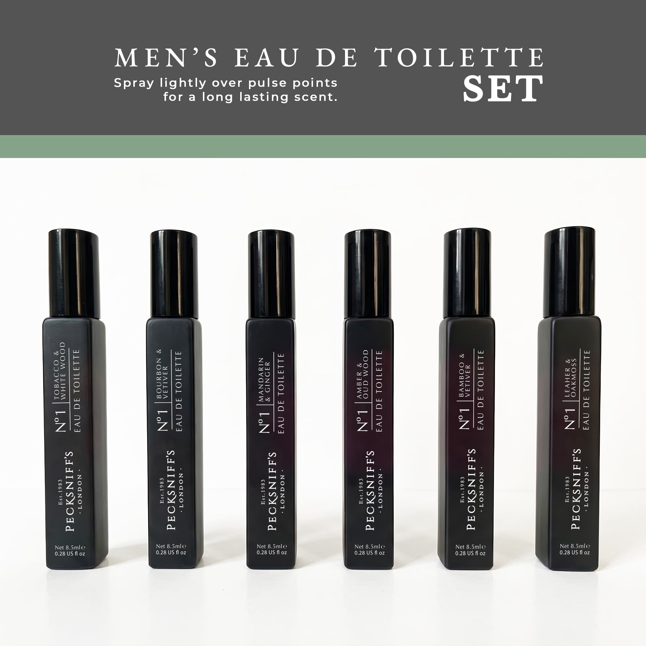 Pecksniff’s Men’s Essentials Fragrance Gift Set – 6x10 ml Eau de Toilette Collection – Luxury Mini Cologne Sampler, Designed in England