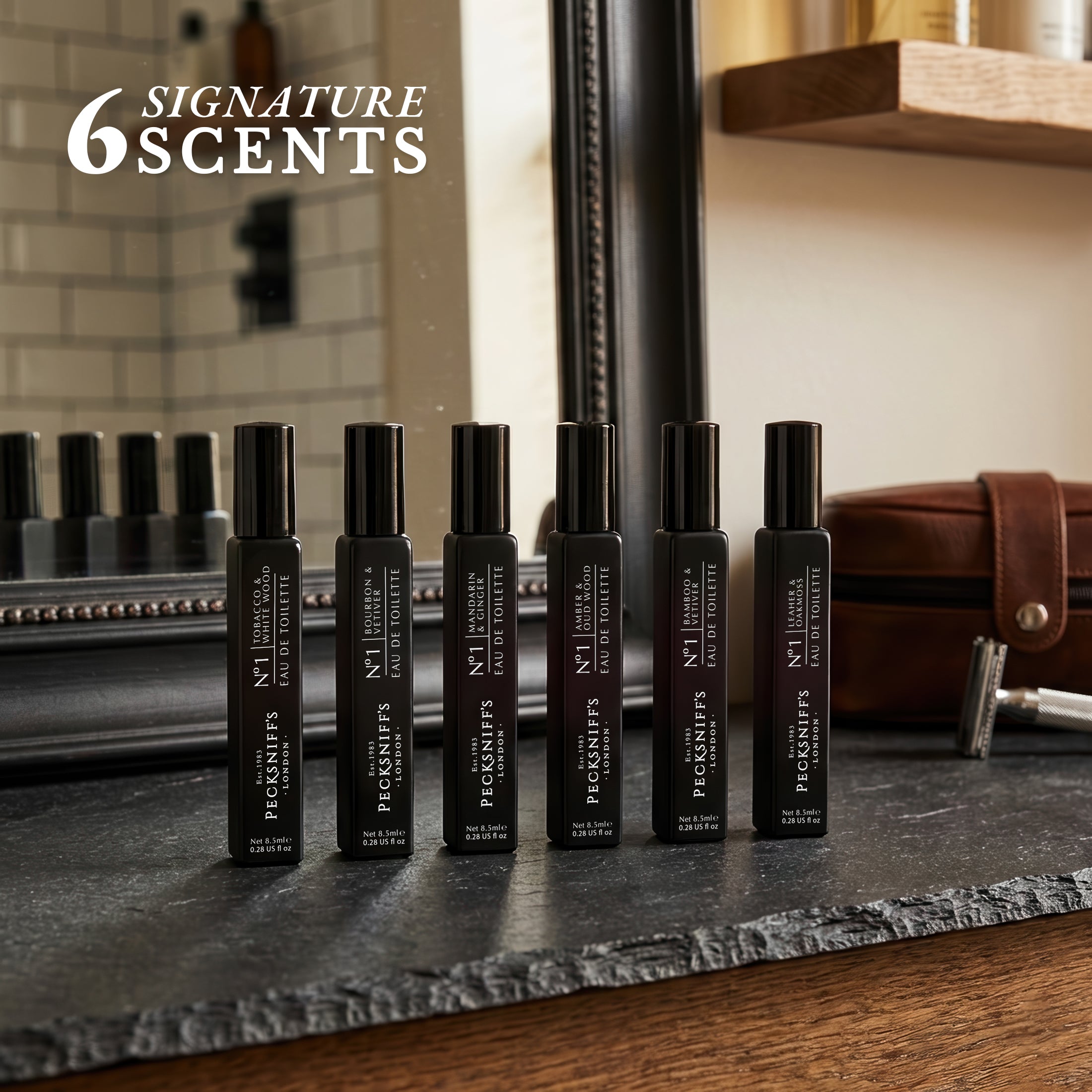Pecksniff’s Men’s Essentials Fragrance Gift Set – 6x10 ml Eau de Toilette Collection – Luxury Mini Cologne Sampler, Designed in England