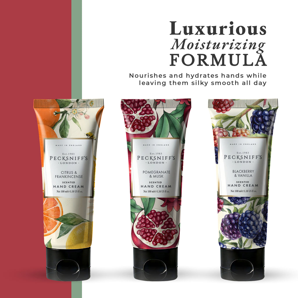 Pecksniff’s Enchanted Winter Hand Cream Collection – 3 Pack 100ml Tubes – Luxury Moisturizing Gift Set for Women & Men with Citrus & Frankincense, Pomegranate & Musk, Blackberry & Vanilla