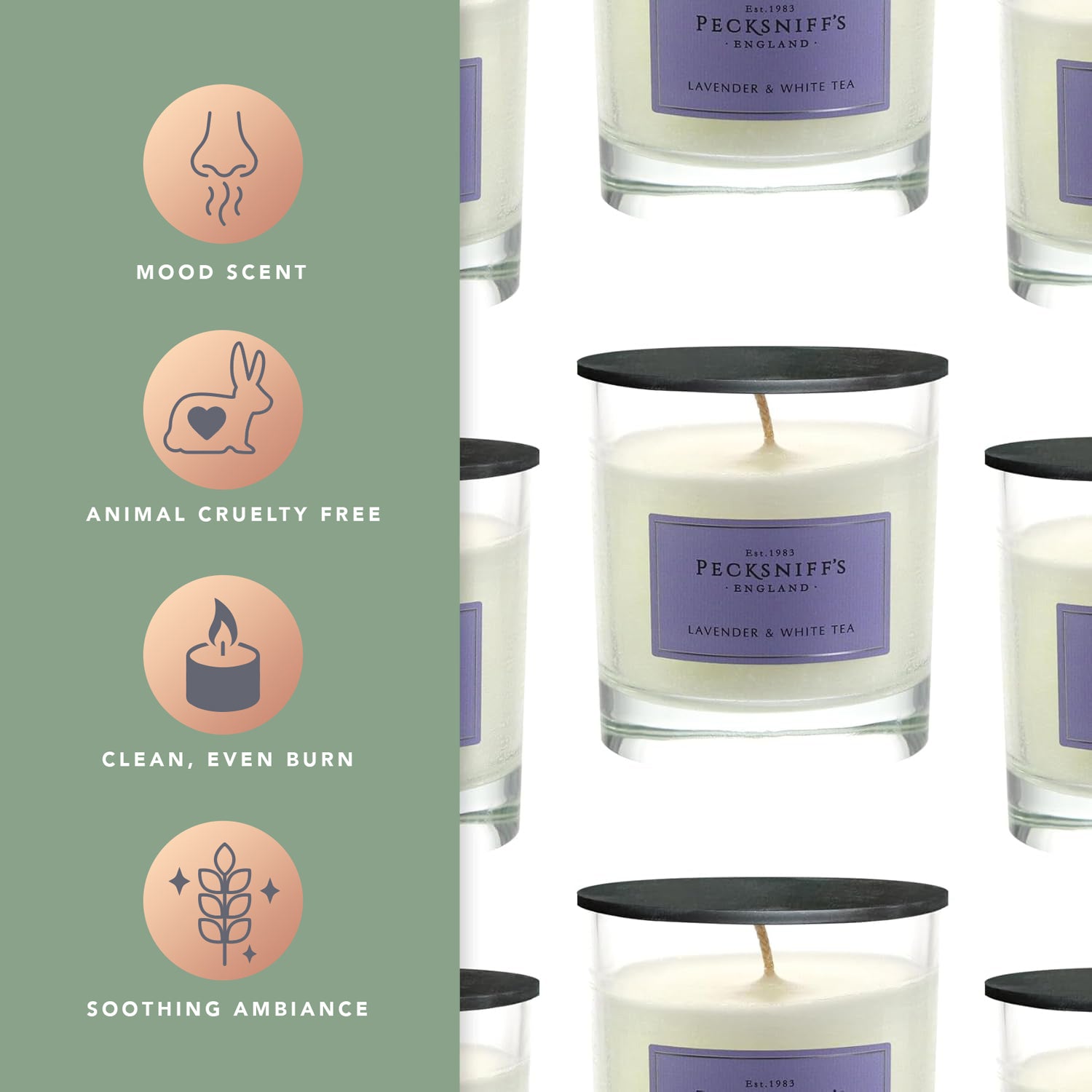 Pecksniff's Classic Lavender & White Tea Scented Candle | 1 Wick, 184g/6.49oz