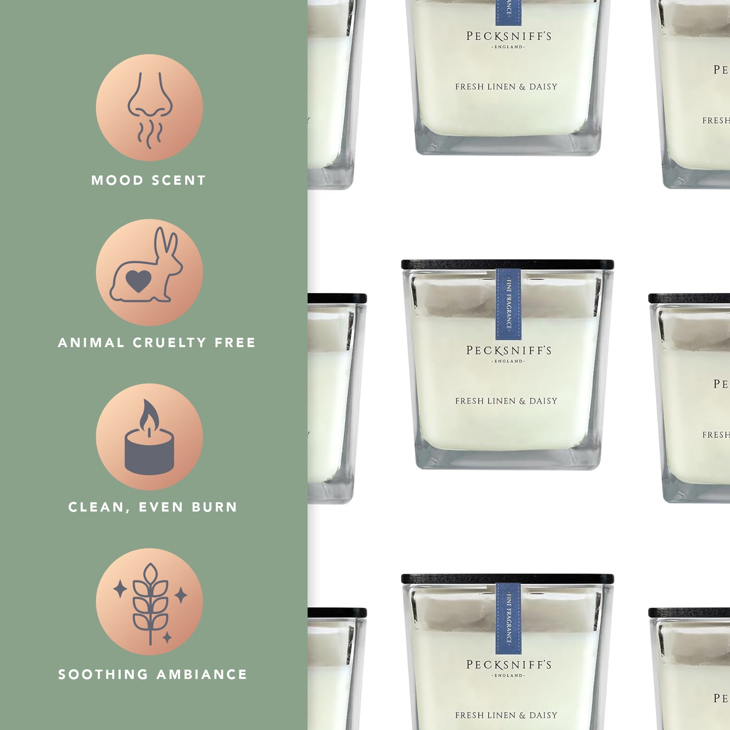 Pecksniffs Prestige Fresh Linen & Daisy Scented Square Candle | 1 Wick, 190g/6.7oz