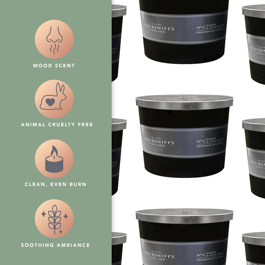 Pecksniffs Luxurious Black Tall Amber & Oud Wood Scented Candle | 3 Wicks, 283g/9.9oz