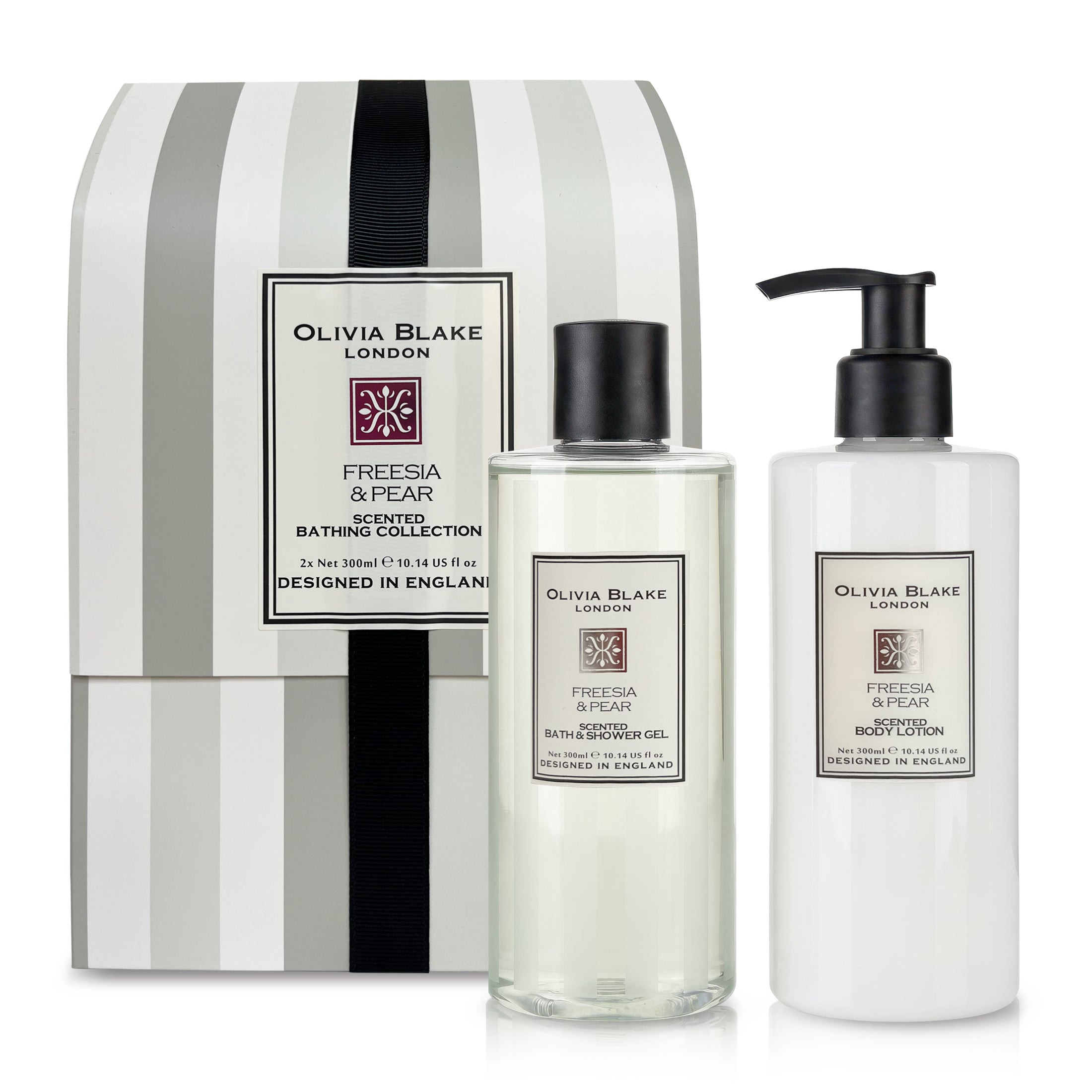 Olivia Blake Freesia & Pear Bathing Collection Gift Set, Luxurious Bath & Body Essentials in Elegant Keepsake Box, Includes Shower Gel and Body Lotion, Designed in England, 300ml/10.14 fl oz