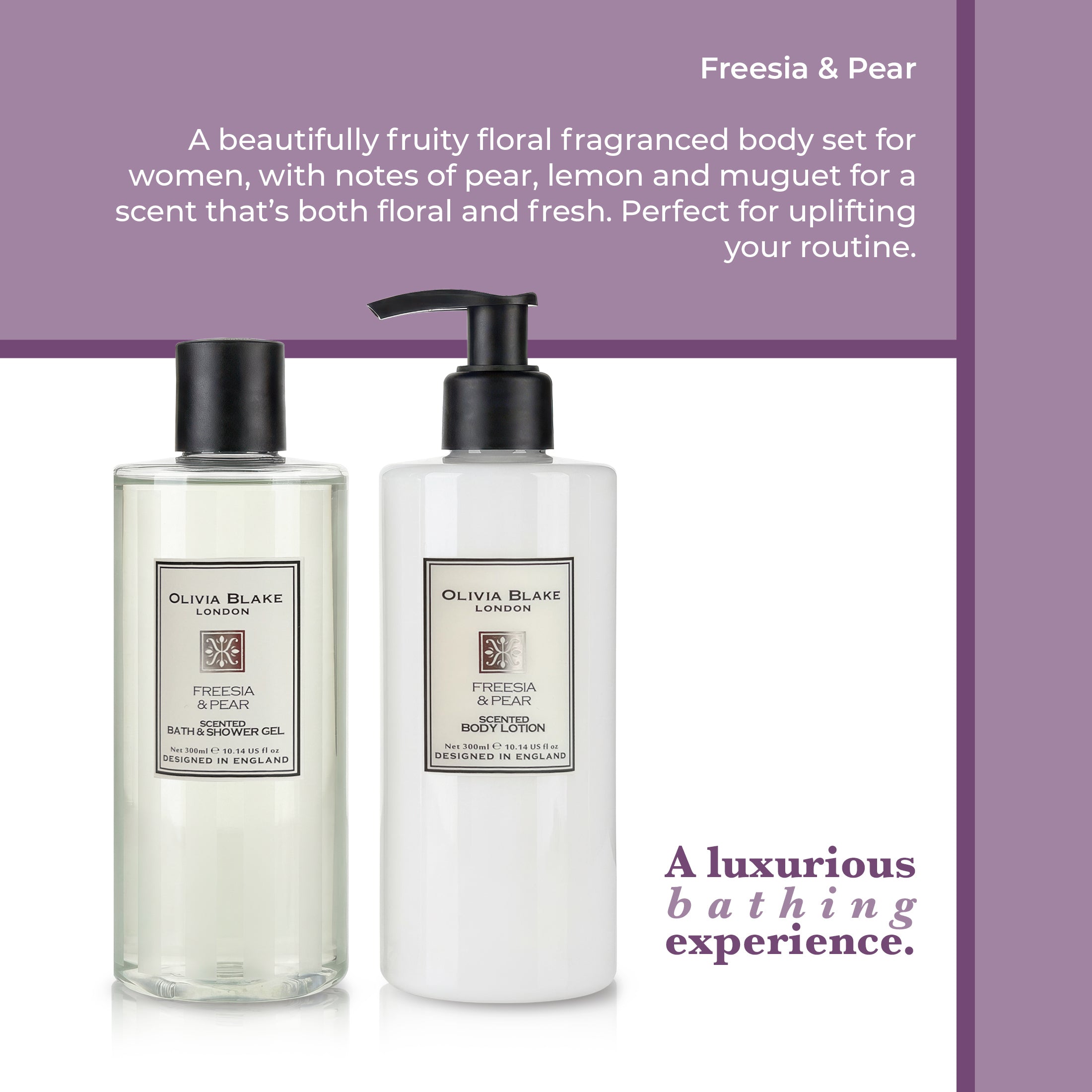 Olivia Blake Freesia & Pear Bathing Collection Gift Set, Luxurious Bath & Body Essentials in Elegant Keepsake Box, Includes Shower Gel and Body Lotion, Designed in England, 300ml/10.14 fl oz