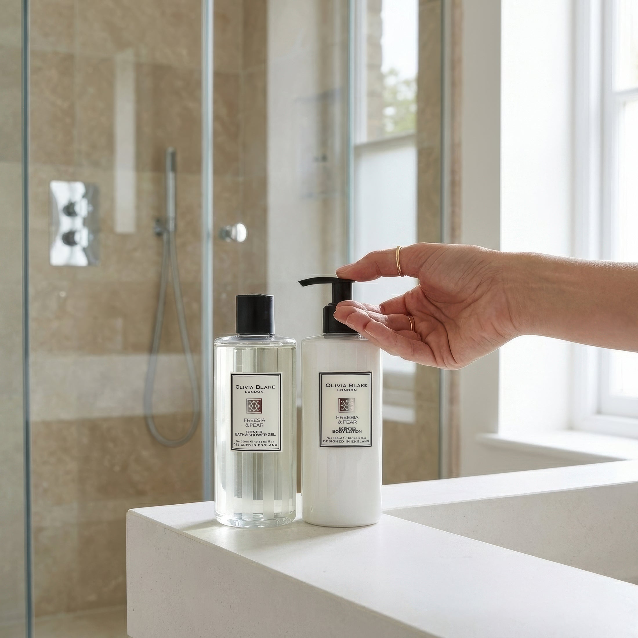 Olivia Blake Freesia & Pear Bathing Collection Gift Set, Luxurious Bath & Body Essentials in Elegant Keepsake Box, Includes Shower Gel and Body Lotion, Designed in England, 300ml/10.14 fl oz