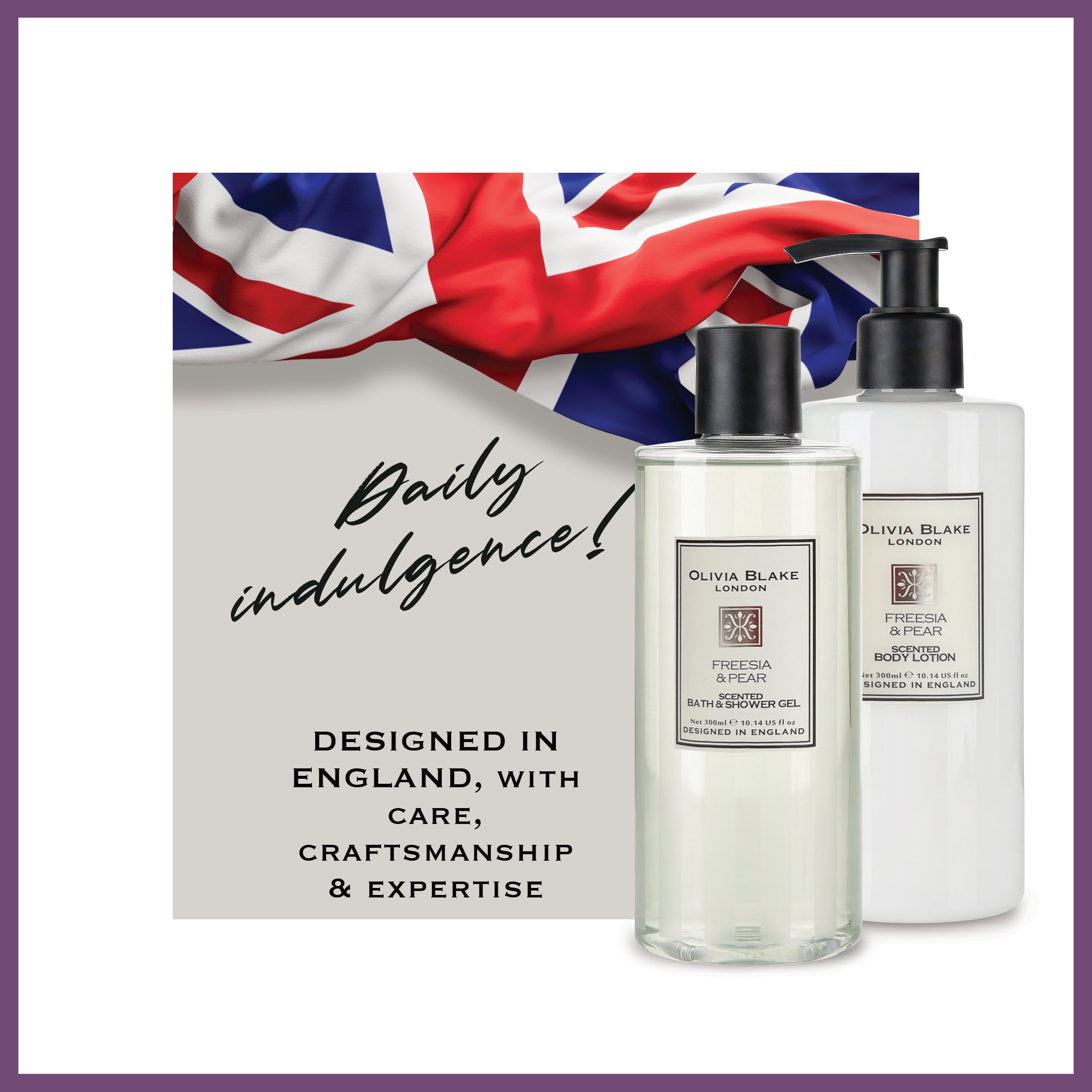 Olivia Blake Freesia & Pear Bathing Collection Gift Set, Luxurious Bath & Body Essentials in Elegant Keepsake Box, Includes Shower Gel and Body Lotion, Designed in England, 300ml/10.14 fl oz