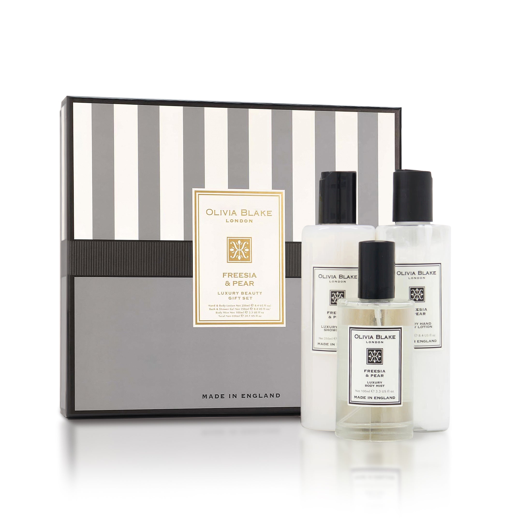 Olivia Blake Freesia & Pear Trio Gift Set – 100 ml/3.38 fl oz Body Mist, 250 ml/8.45 fl oz Shower Gel, 250 ml/8.45 fl oz Body Lotion – Luxurious Everyday Essentials for Women