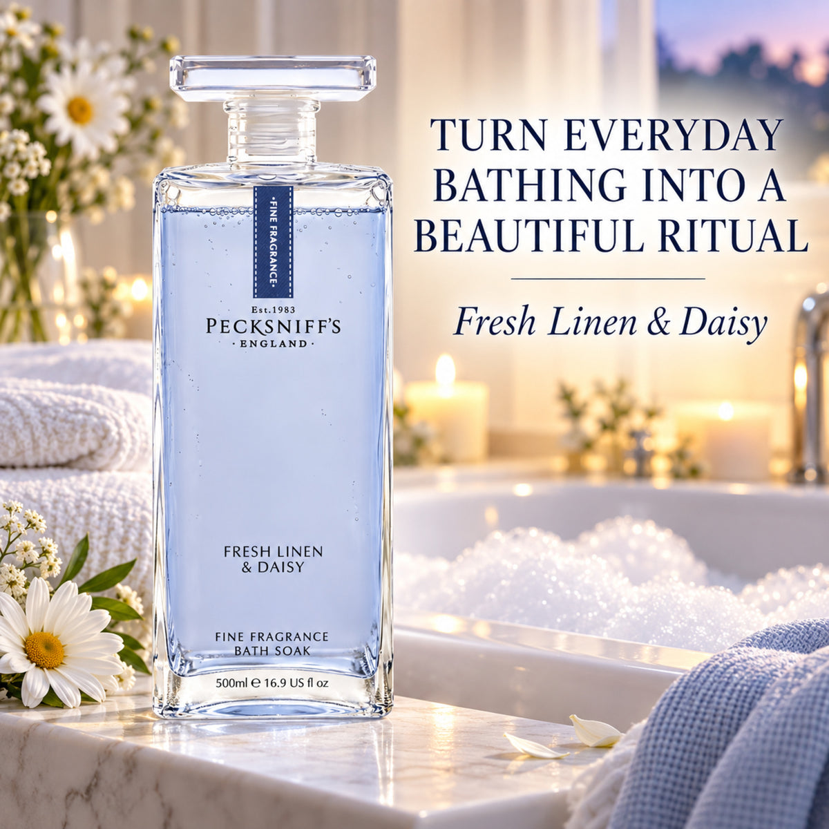 Pecksniff's Prestige Fresh Linen & Daisy Bath Soak Decanter | 500ml/16.9 Fl Oz