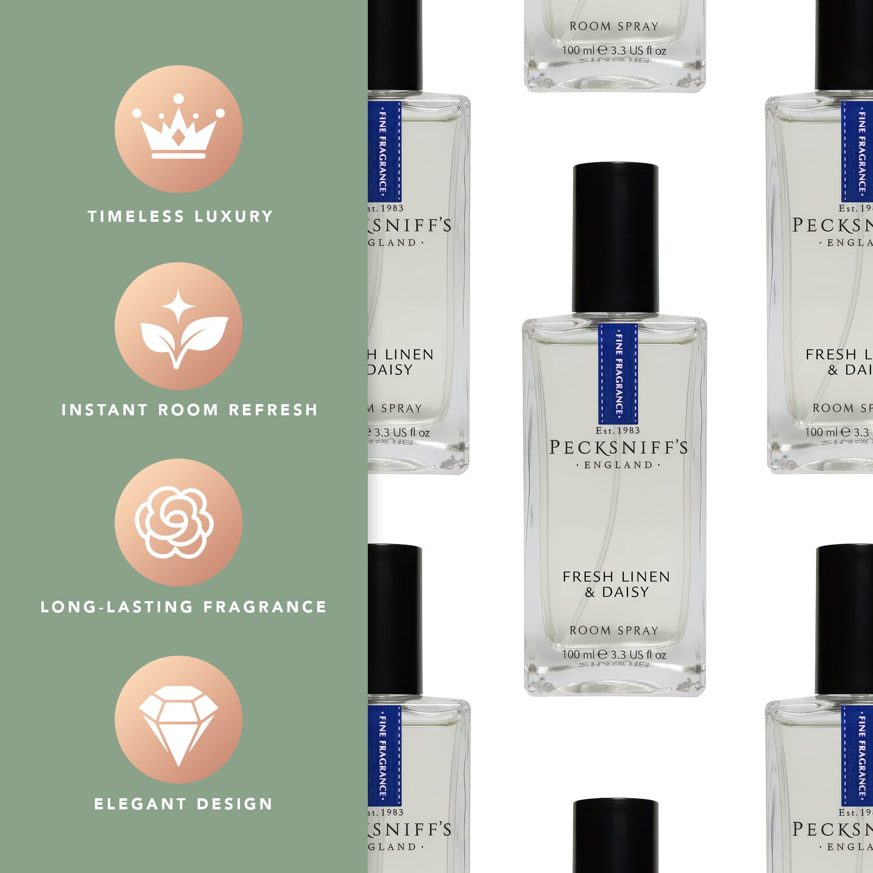 Pecksniffs Fresh Linen & Daisy Square Room Spray | 100ml/3.38 Fl Oz