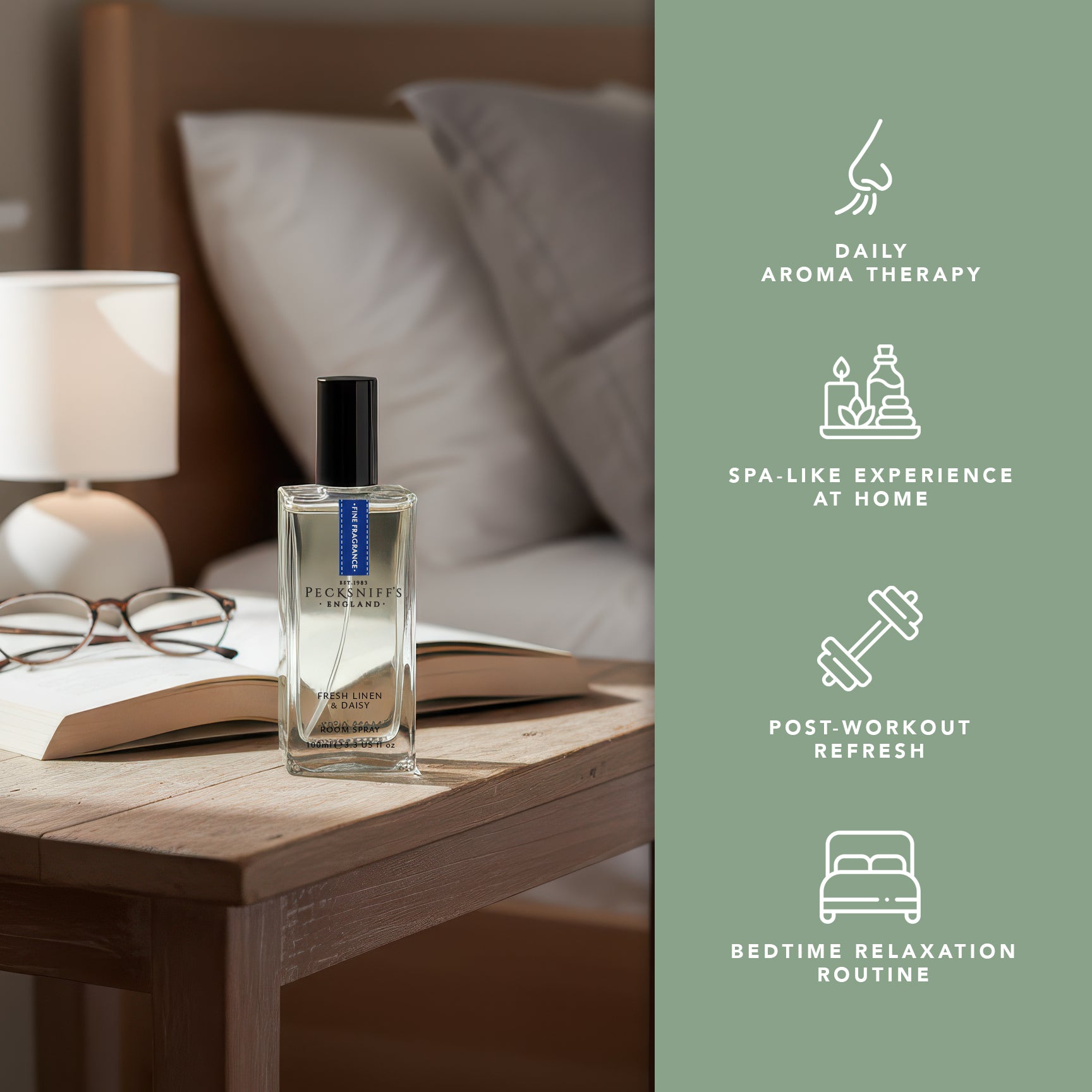 Pecksniffs Fresh Linen & Daisy Square Room Spray | 100ml/3.38 Fl Oz