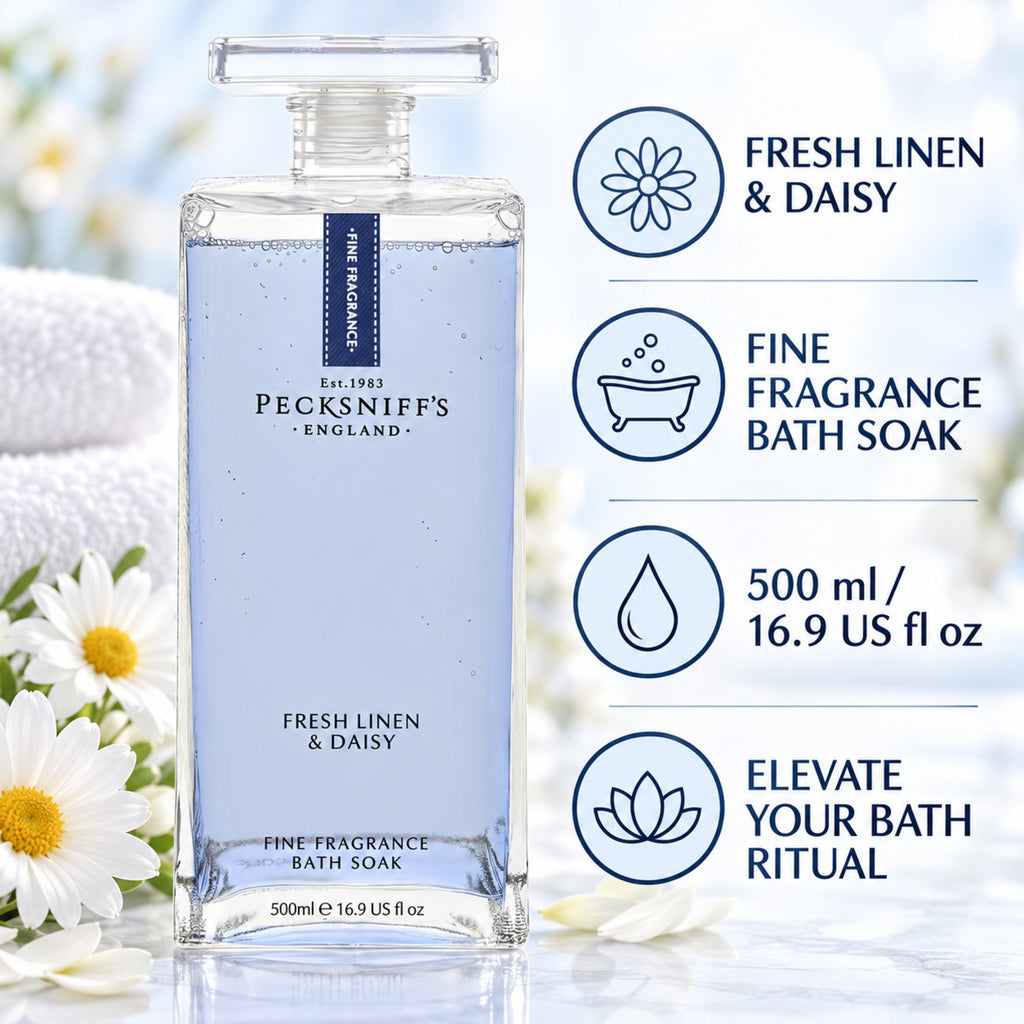 Pecksniff's Prestige Fresh Linen & Daisy Bath Soak Decanter | 500ml/16.9 Fl Oz