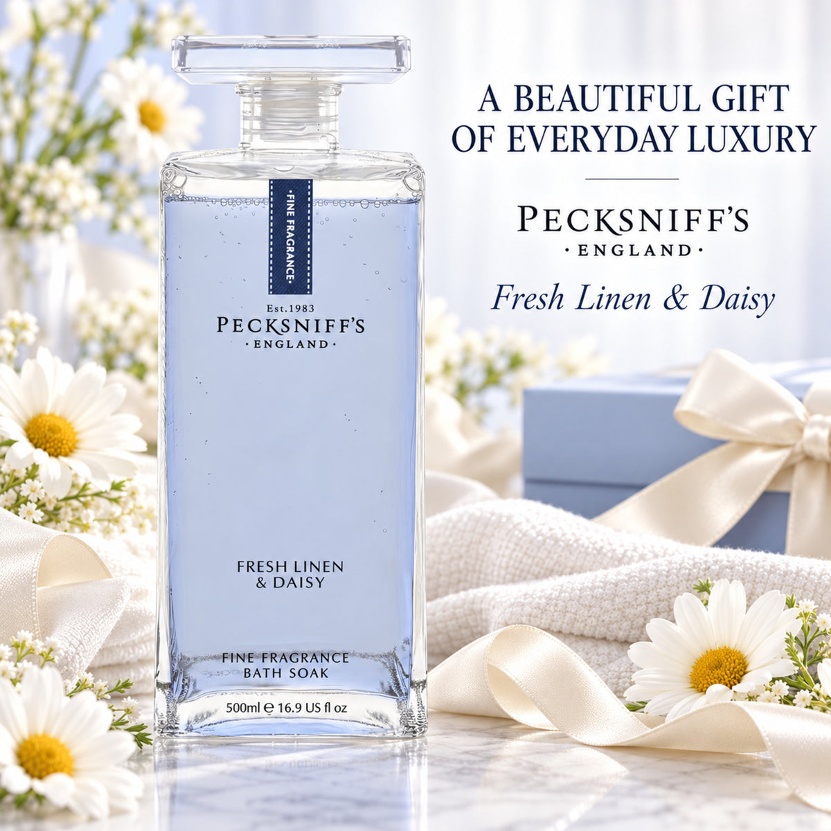 Pecksniff's Prestige Fresh Linen & Daisy Bath Soak Decanter | 500ml/16.9 Fl Oz