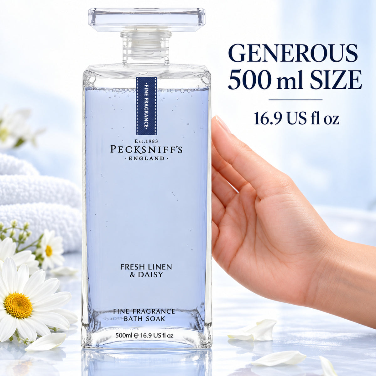 Pecksniff's Prestige Fresh Linen & Daisy Bath Soak Decanter | 500ml/16.9 Fl Oz