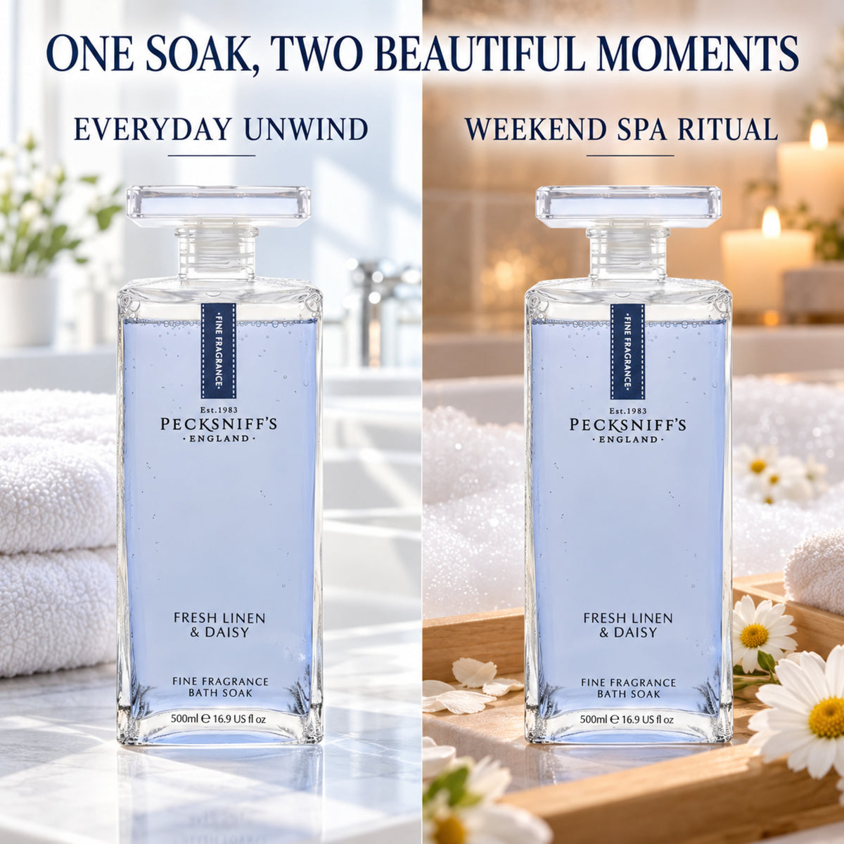 Pecksniff's Prestige Fresh Linen & Daisy Bath Soak Decanter | 500ml/16.9 Fl Oz