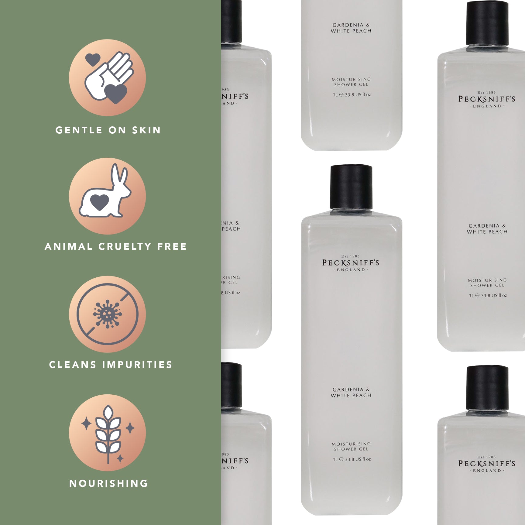 Pecksniffs Gardenia & White Peach Moisturizing Shower Gel | 1000 ml / 33.80 Fl Oz
