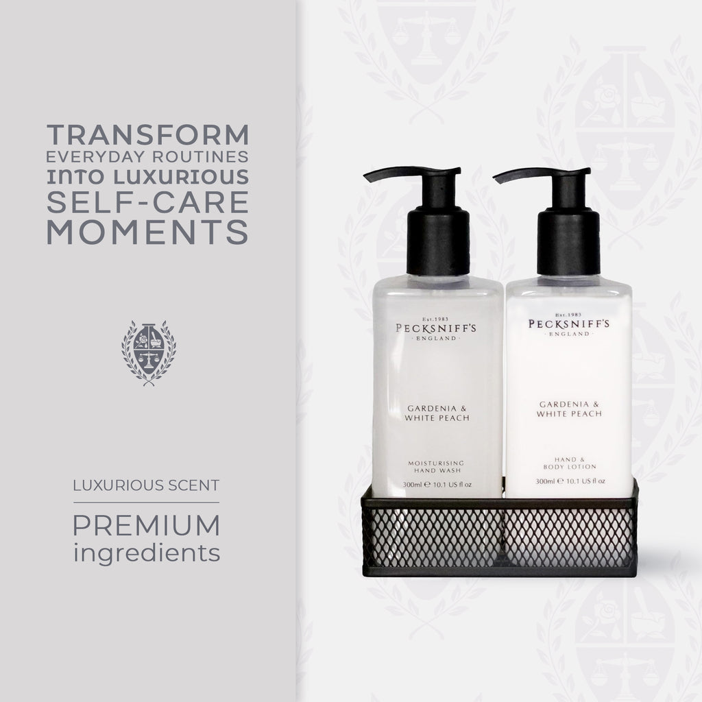 Pecksniffs Gardenia & White Peach Moisturizing Hand Wash and Hand Lotion in a Black Mesh Caddy | 300ml/10.14 Fl oz