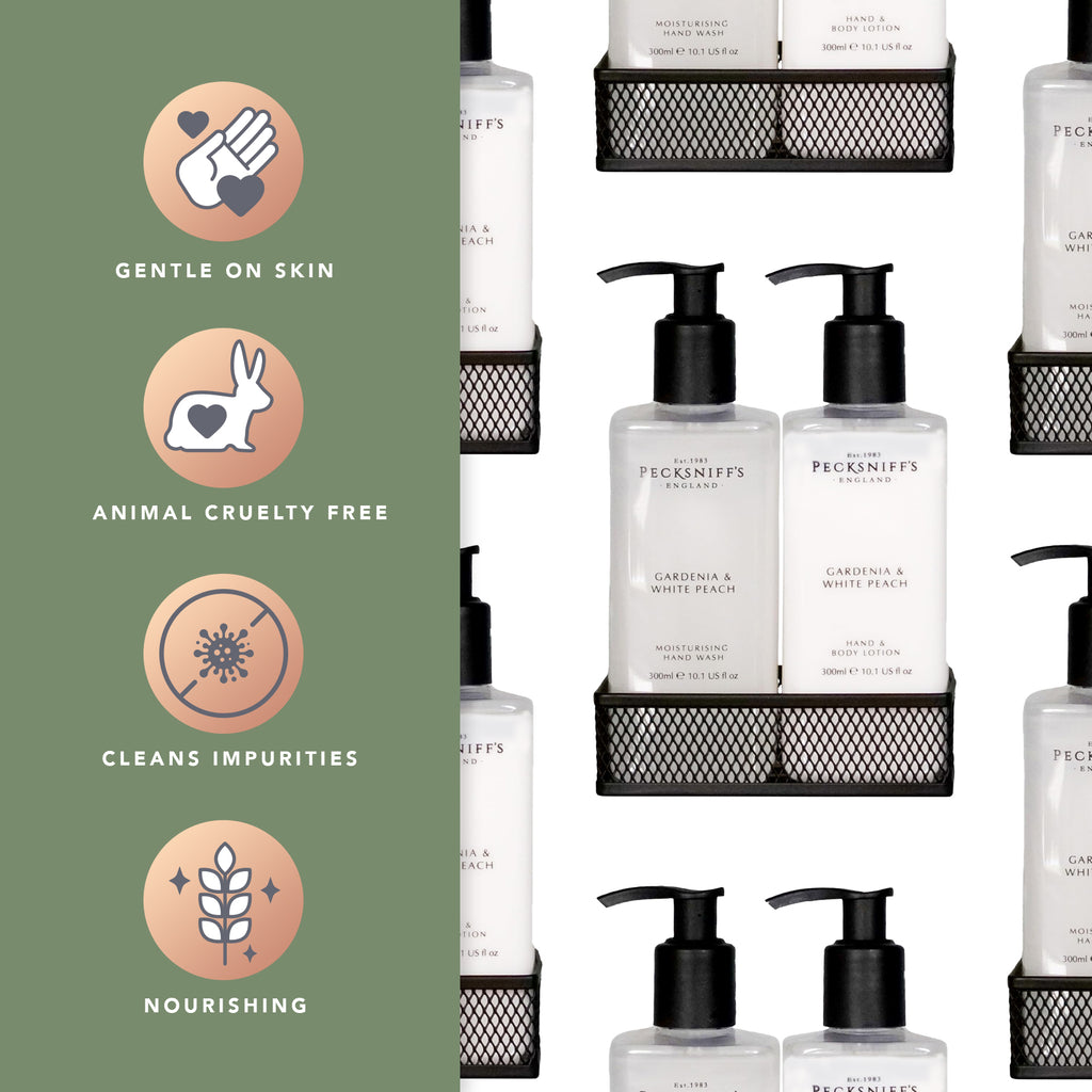 Pecksniffs Gardenia & White Peach Moisturizing Hand Wash and Hand Lotion in a Black Mesh Caddy | 300ml/10.14 Fl oz