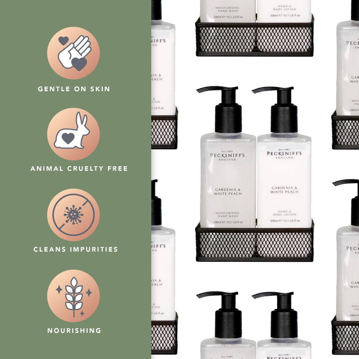 Pecksniffs Gardenia & White Peach Moisturizing Hand Wash and Hand Lotion in a Black Mesh Caddy | 300ml/10.14 Fl oz
