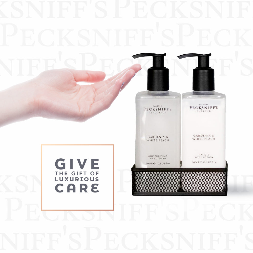 Pecksniffs Gardenia & White Peach Moisturizing Hand Wash and Hand Lotion in a Black Mesh Caddy | 300ml/10.14 Fl oz