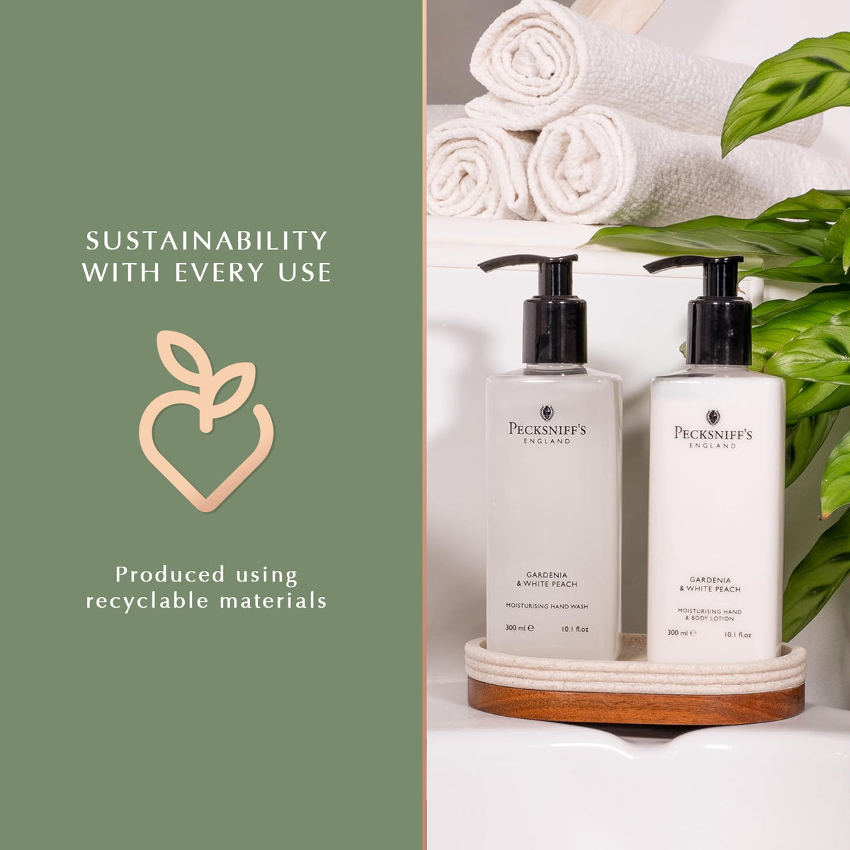 Pecksniffs Gardenia & White Peach Moisturizing Hand Wash and Hand Lotion in a Black Mesh Caddy | 300ml/10.14 Fl oz