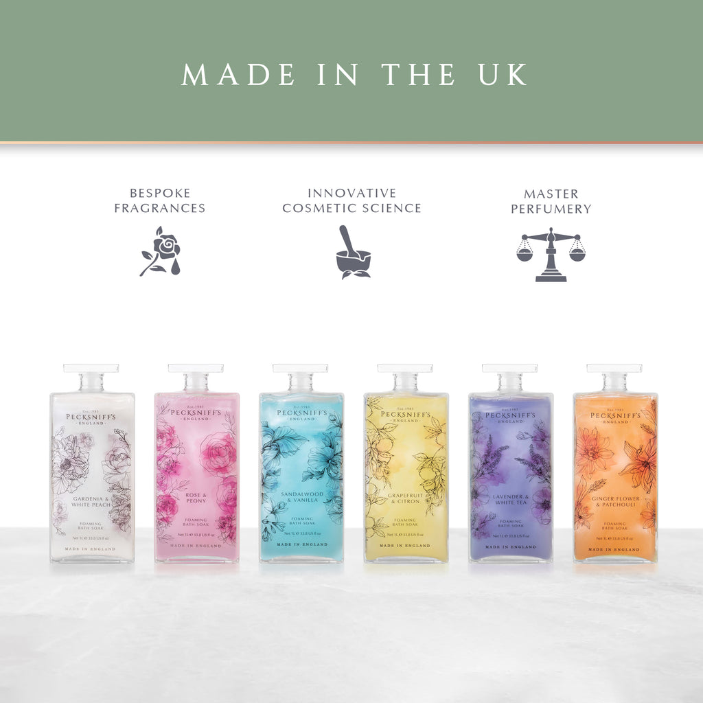 Pecksniff’s GingerFlower & Patchouli Foaming Bath Soak – Luxury Bubble Bath, 1L / 33.8 fl oz, Made in England