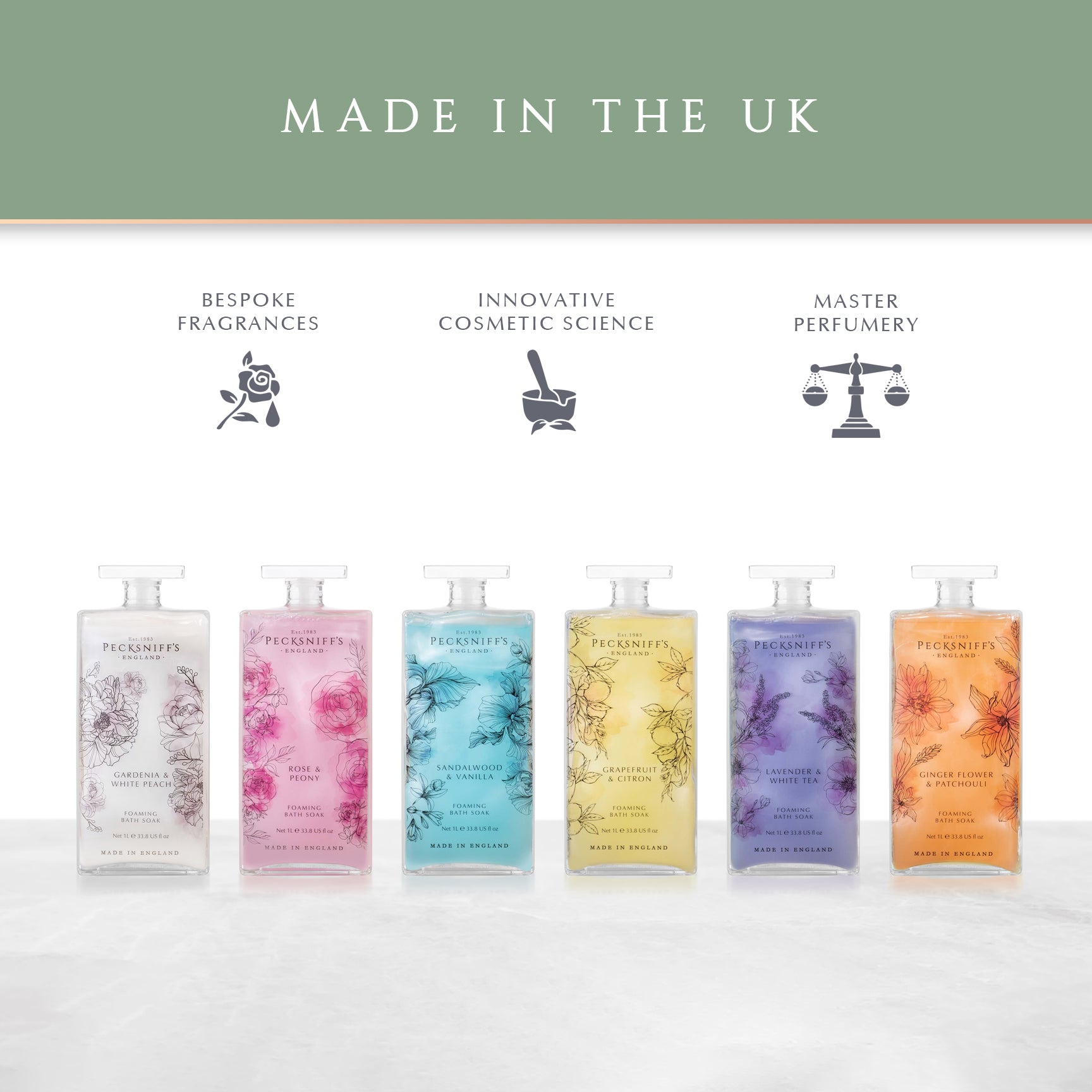 Pecksniff’s GingerFlower & Patchouli Foaming Bath Soak – Luxury Bubble Bath, 1L / 33.8 fl oz, Made in England