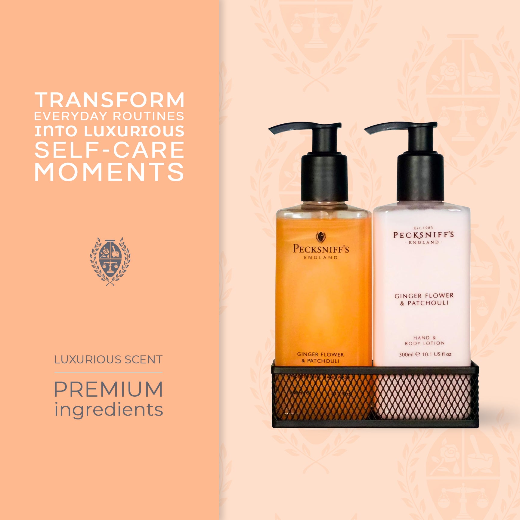 Pecksniffs Ginger Flower & Patchouli Classic Hand Wash, Lotion & Caddy