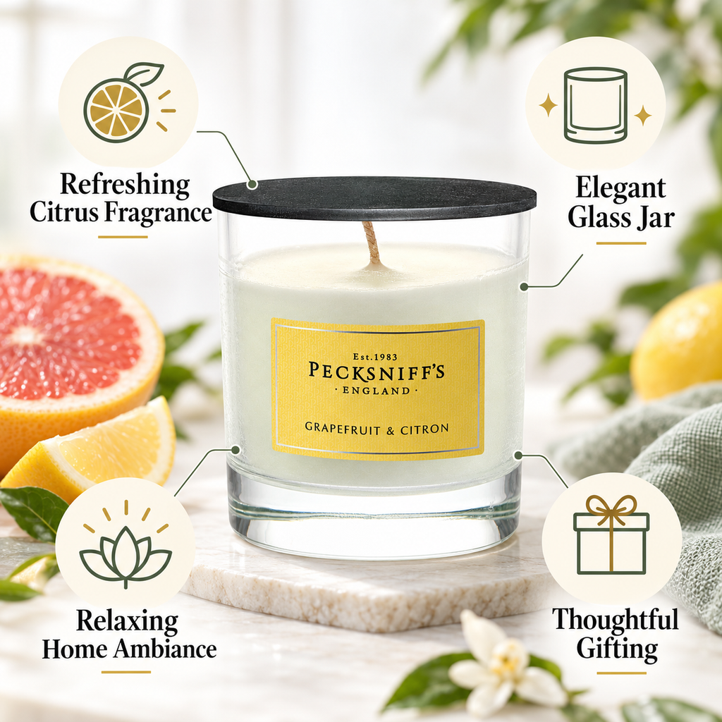 Pecksniff's Classic Grapefruit & Citron Scented Candle | 1 Wick, 184g/6.49oz