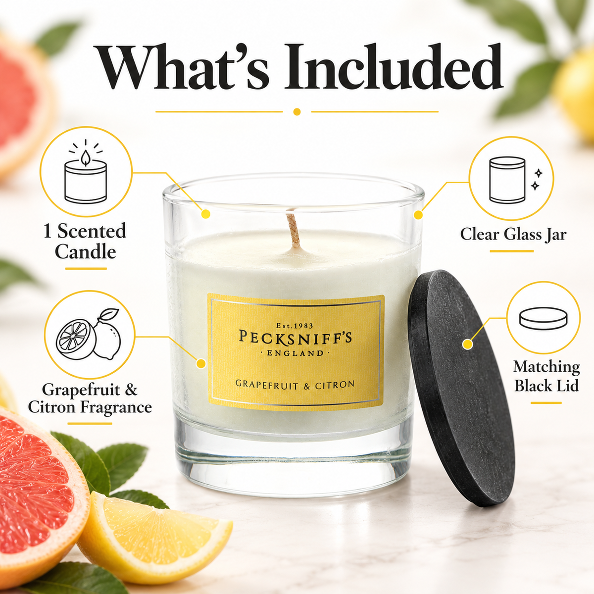 Pecksniff's Classic Grapefruit & Citron Scented Candle | 1 Wick, 184g/6.49oz