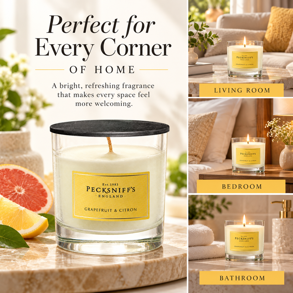 Pecksniff's Classic Grapefruit & Citron Scented Candle | 1 Wick, 184g/6.49oz
