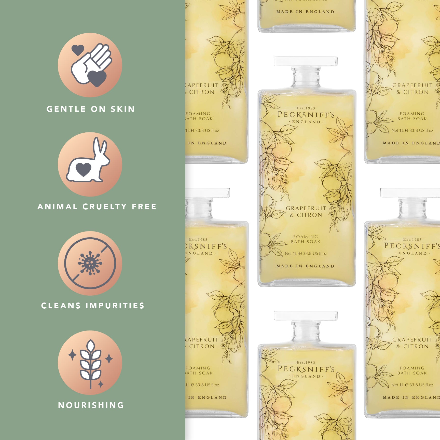 Pecksniff’s Grapefruit & Citron Foaming Bath Soak – Luxury Bubble Bath, 1L / 33.8 fl oz, Made in England