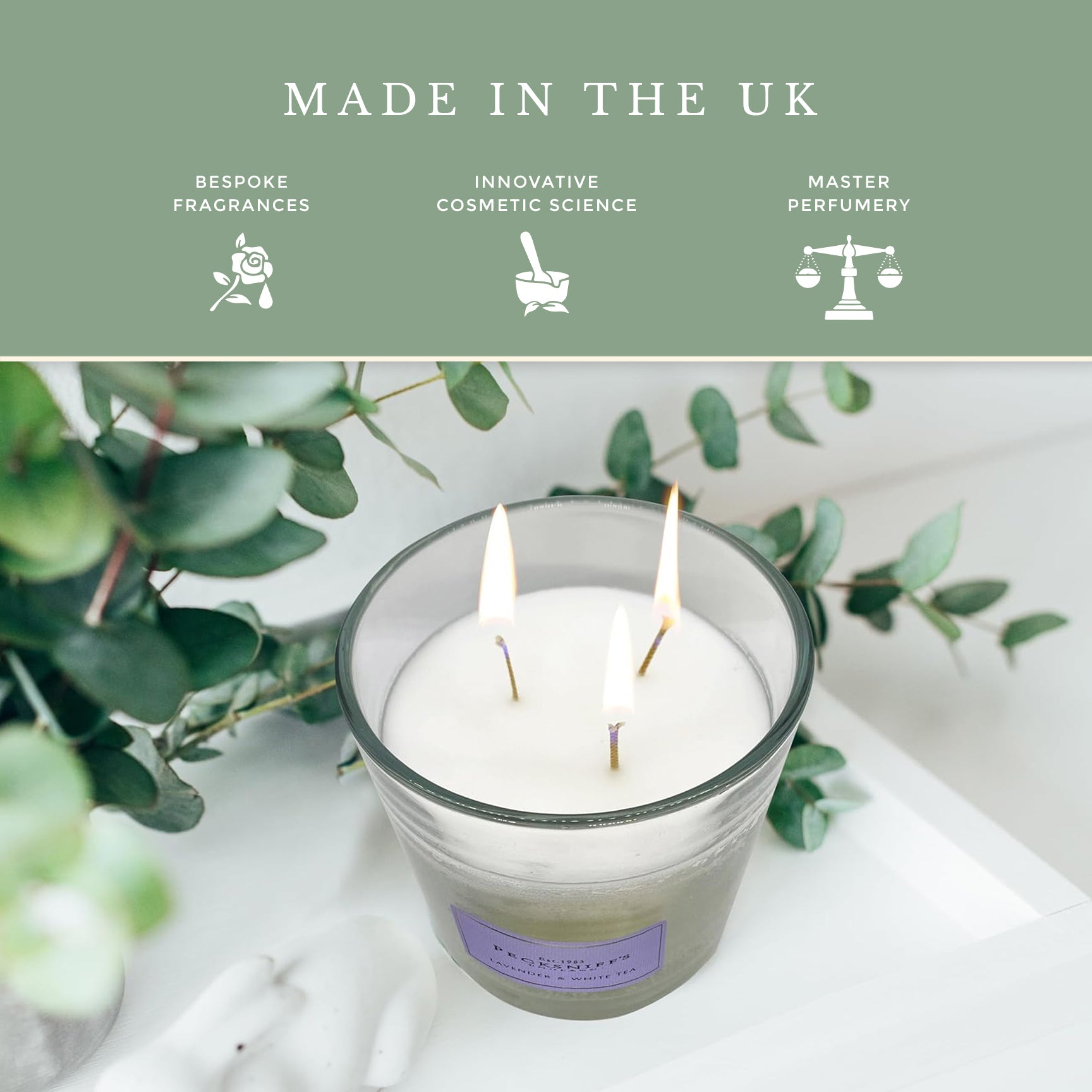 Pecksniff's Classic Lavender & White Tea Scented Candle | 3 Wicks, 550g/19.4oz