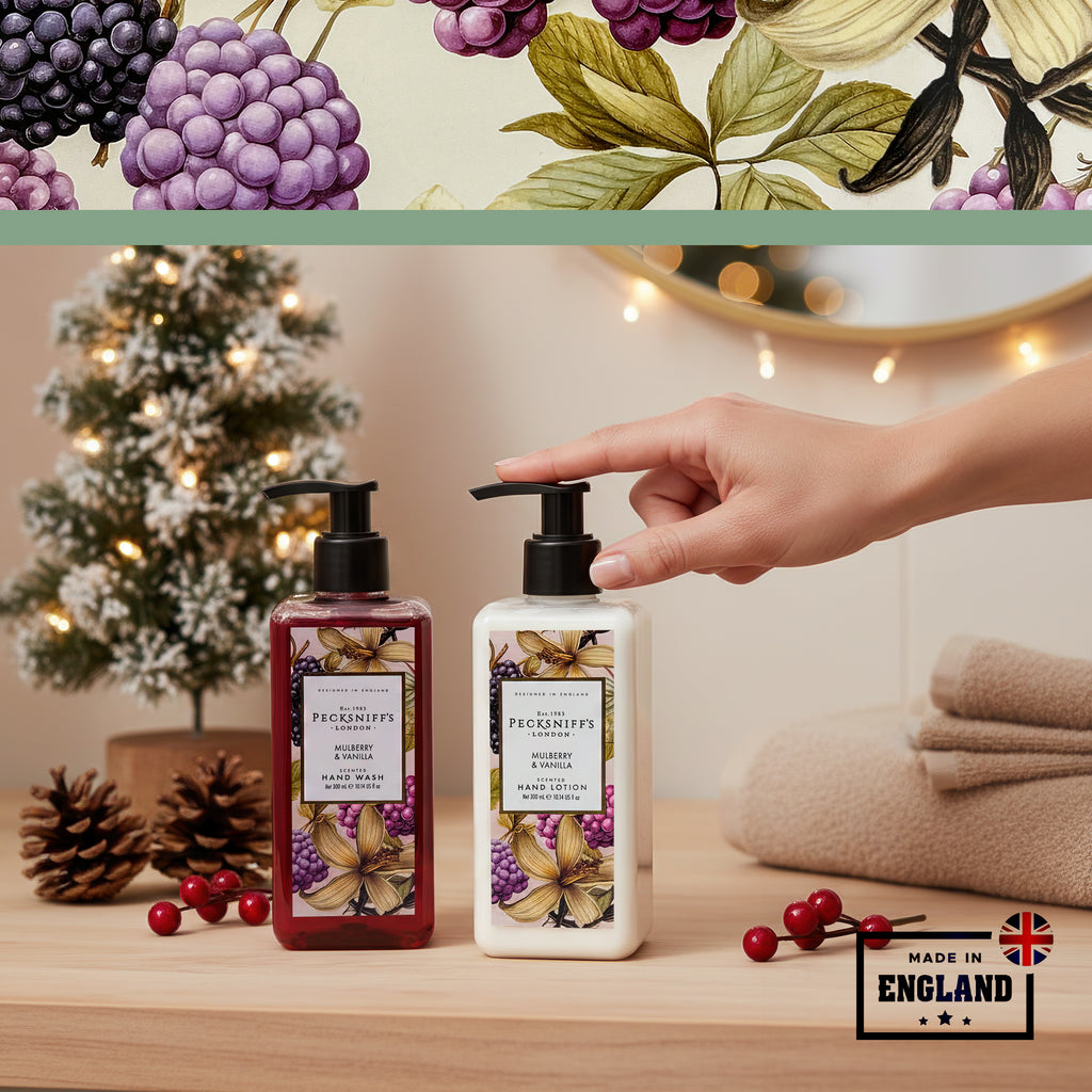 Pecksniff’s Hand Care Duo Gift Set, Mulberry & Vanilla, Hard Box Set with 300ml Hand Wash and 300ml Hand Lotion, Moisturizing Sink Set, Designed in England
