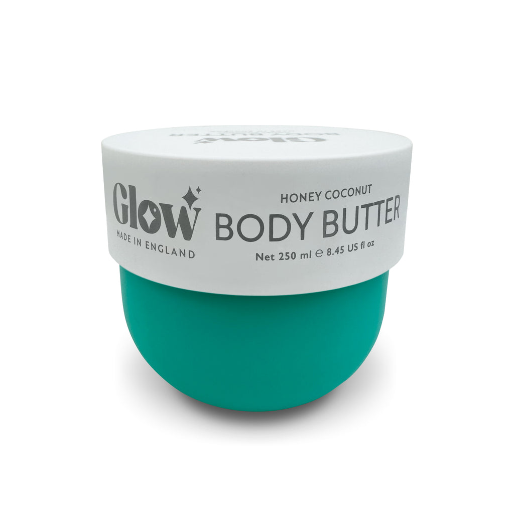 Glow Body Butter – Honey Coconut Scent, 250 ml / 8.45 fl oz – Ultra Moisturizing Skincare for Dry Skin, Made in England