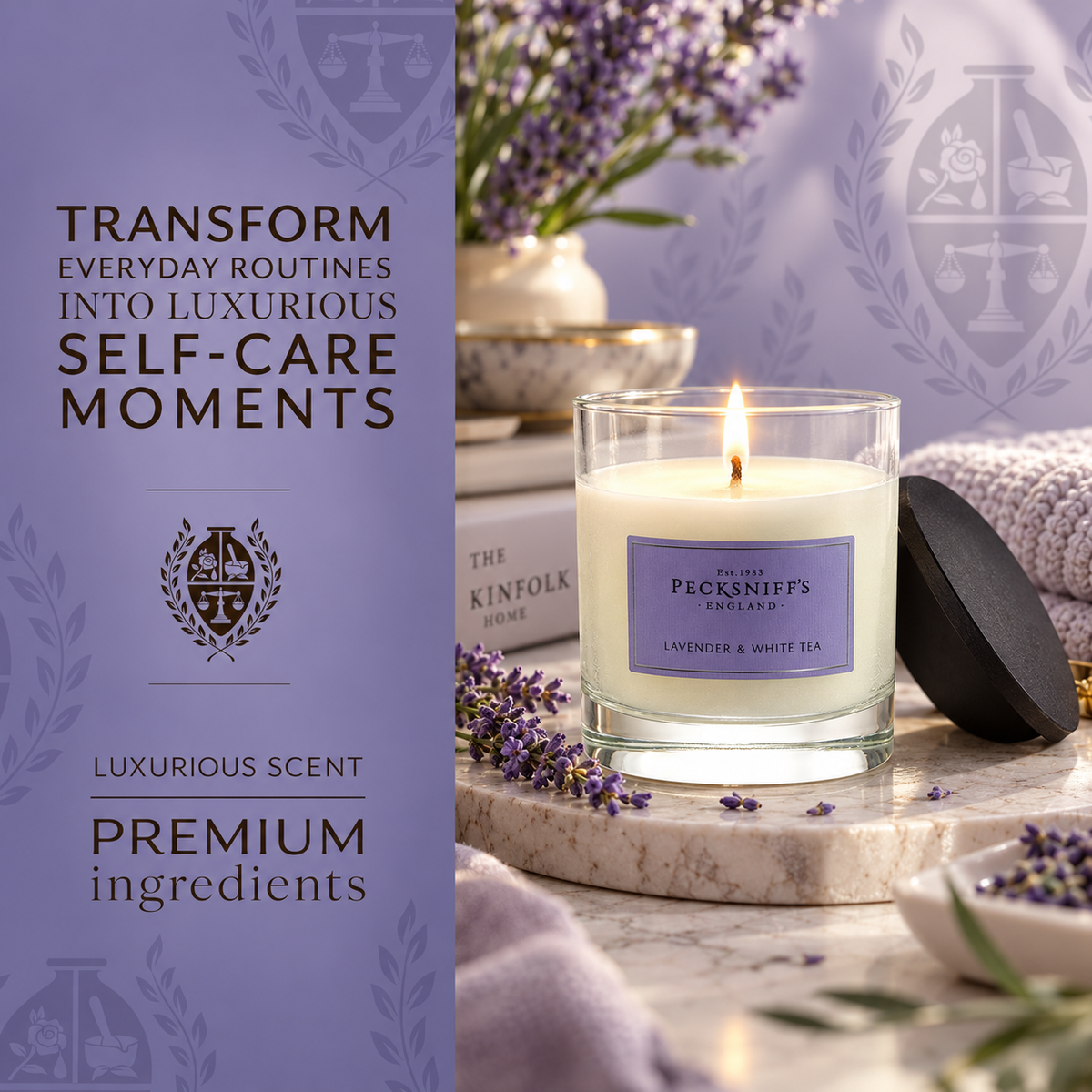 Pecksniff's Classic Lavender & White Tea Scented Candle | 1 Wick, 184g/6.49oz