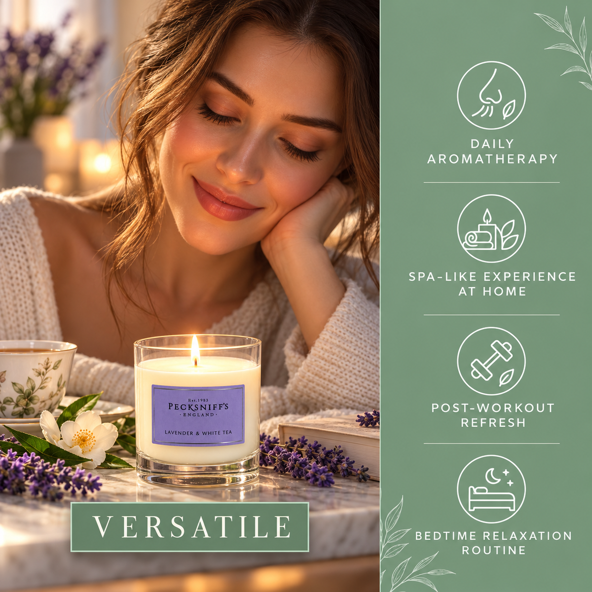 Pecksniff's Classic Lavender & White Tea Scented Candle | 1 Wick, 184g/6.49oz