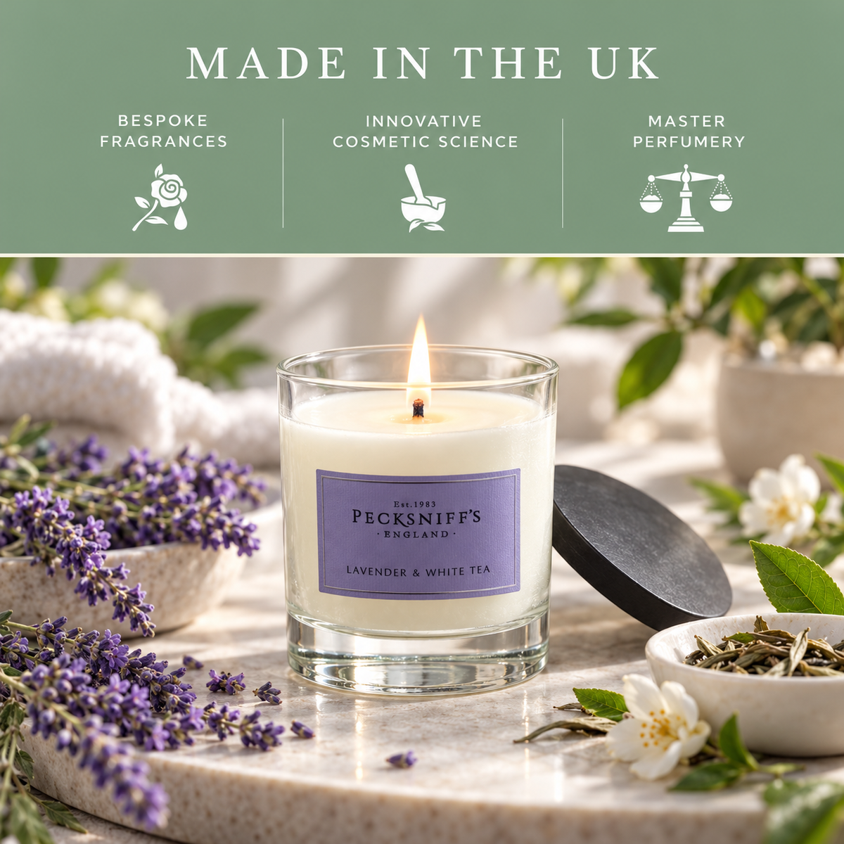 Pecksniff's Classic Lavender & White Tea Scented Candle | 1 Wick, 184g/6.49oz