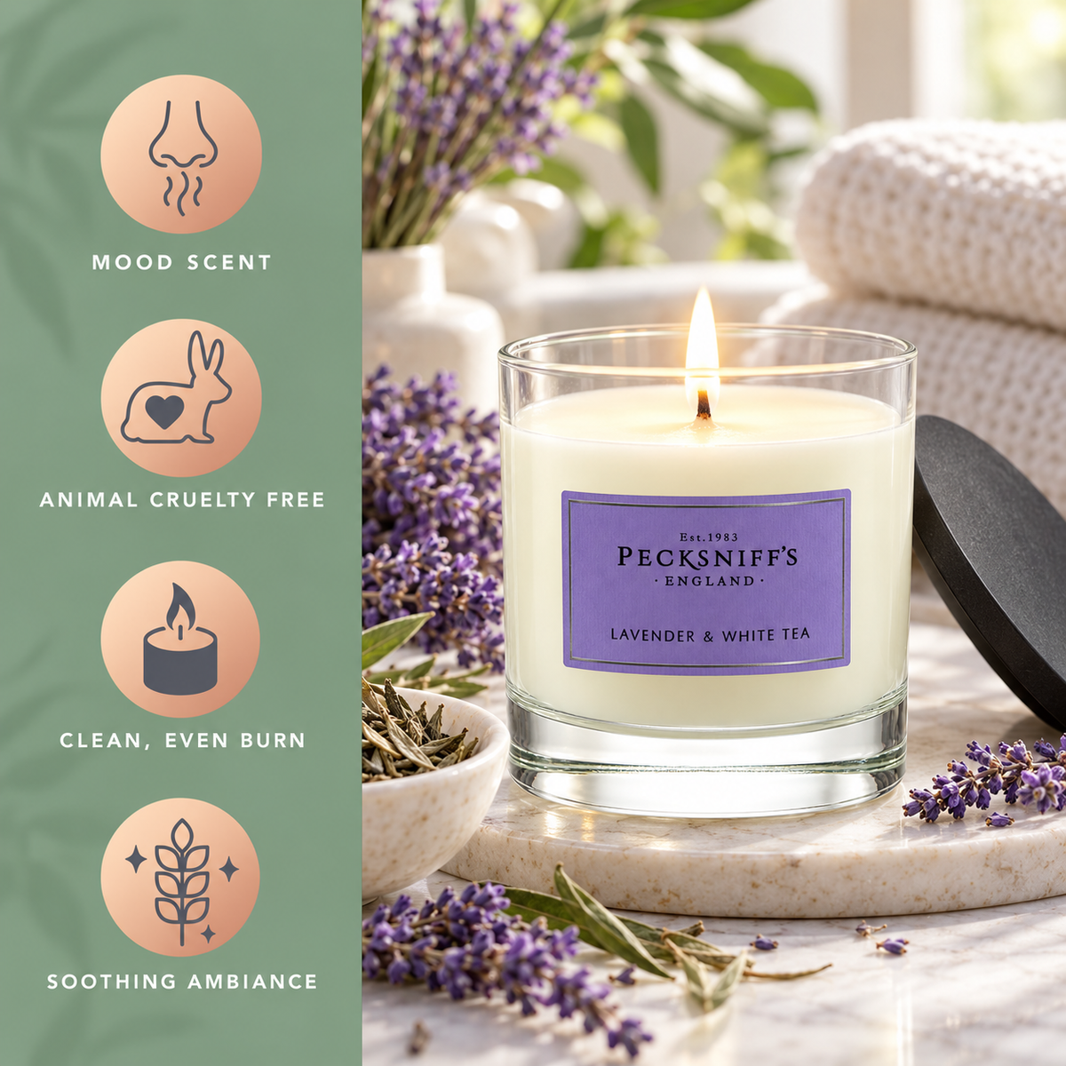 Pecksniff's Classic Lavender & White Tea Scented Candle | 1 Wick, 184g/6.49oz