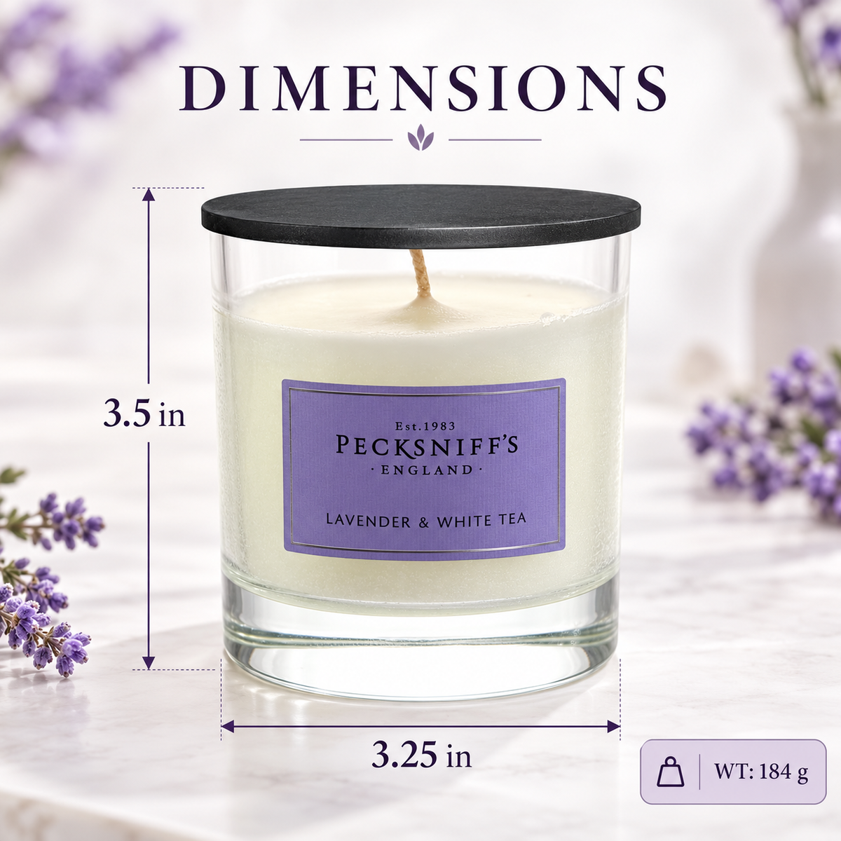 Pecksniff's Classic Lavender & White Tea Scented Candle | 1 Wick, 184g/6.49oz