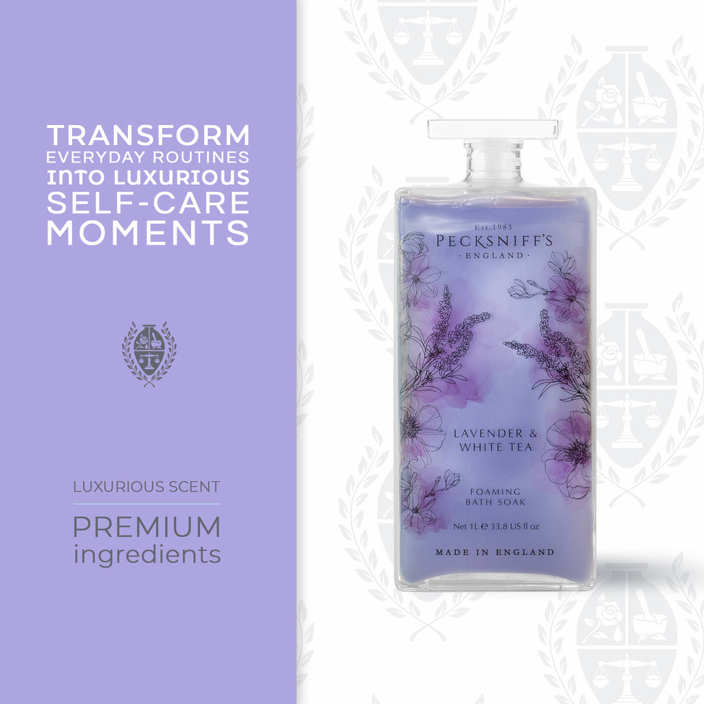 Pecksniff’s Lavender & White Tea Foaming Bath Soak – Luxury Bubble Bath, 1L / 33.8 fl oz, Made in England