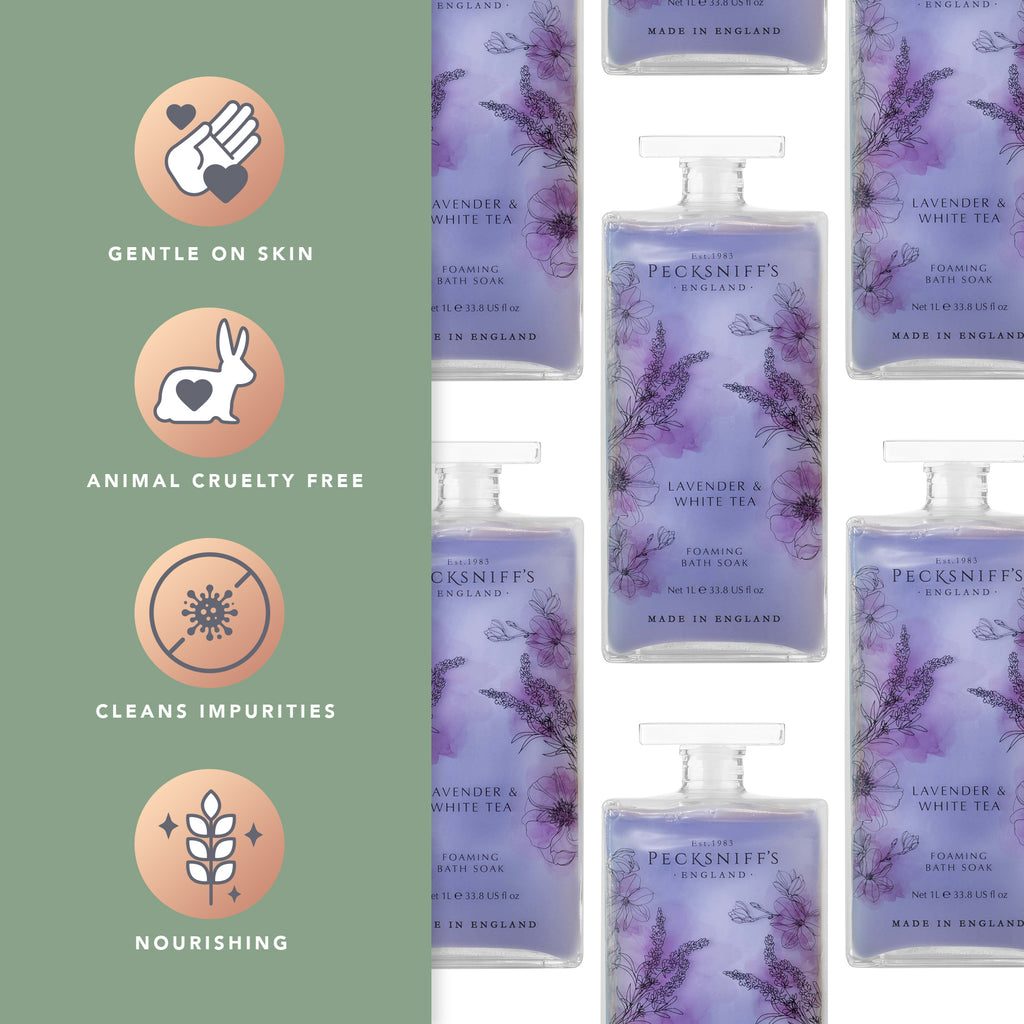Pecksniff’s Lavender & White Tea Foaming Bath Soak – Luxury Bubble Bath, 1L / 33.8 fl oz, Made in England