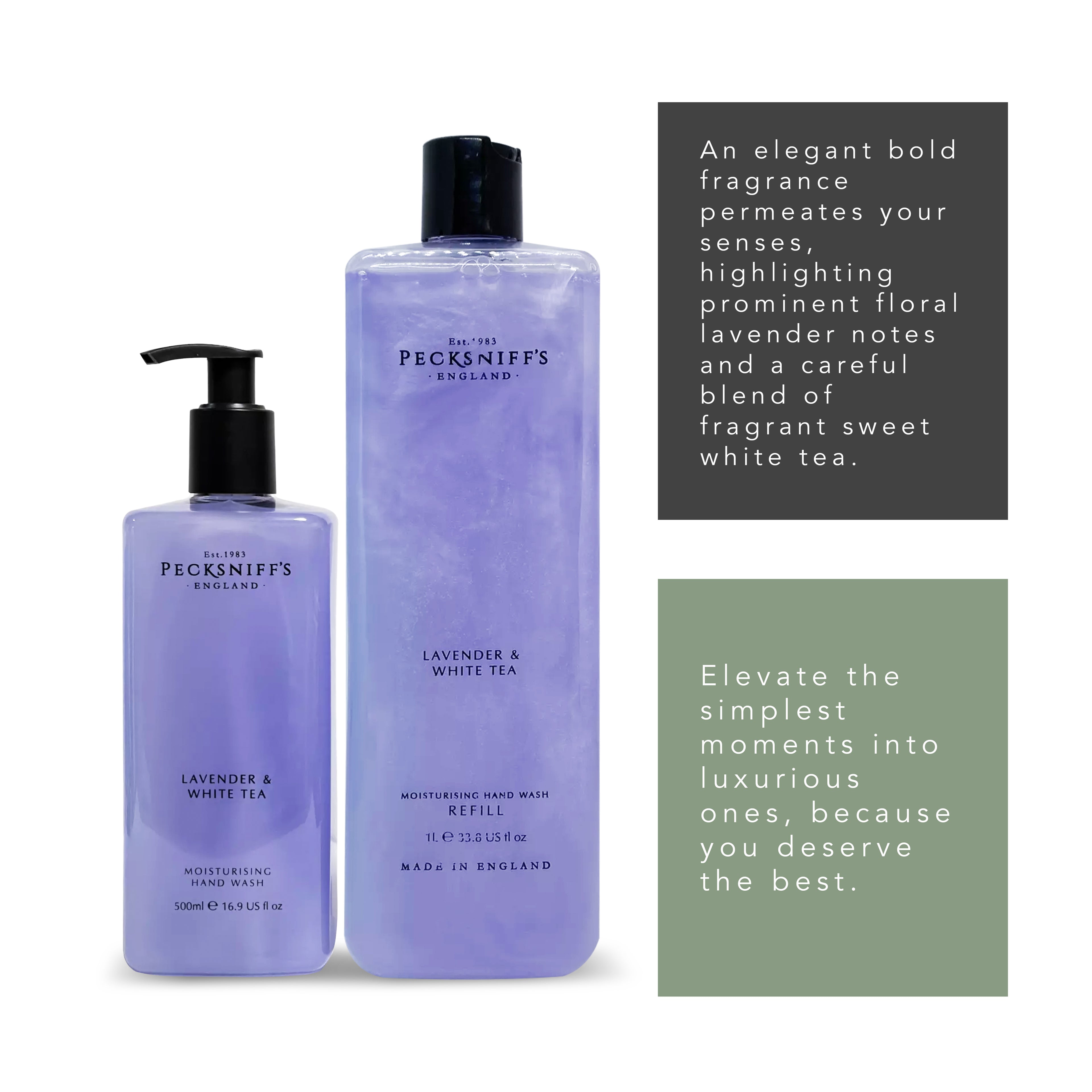 Pecksniff's Classic Lavender & White Tea Moisturizing Hand Wash 500ml/16.9 Fl oz and Hand Wash Refill 1L/1000ml,33.8 Oz