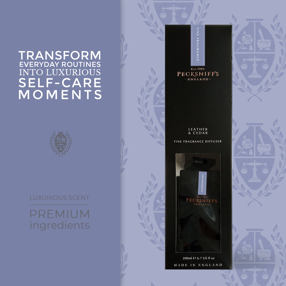 Pecksniff's Leather and Cedar Black Square Diffuser | 200ml/6.76 Fl Oz