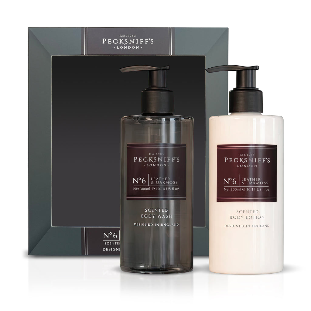 Pecksniffs Men's Bathing Duo Collection – Leather & Oakmoss Scented Body Wash and Body Lotion Gift Set, 2 x 250ml
