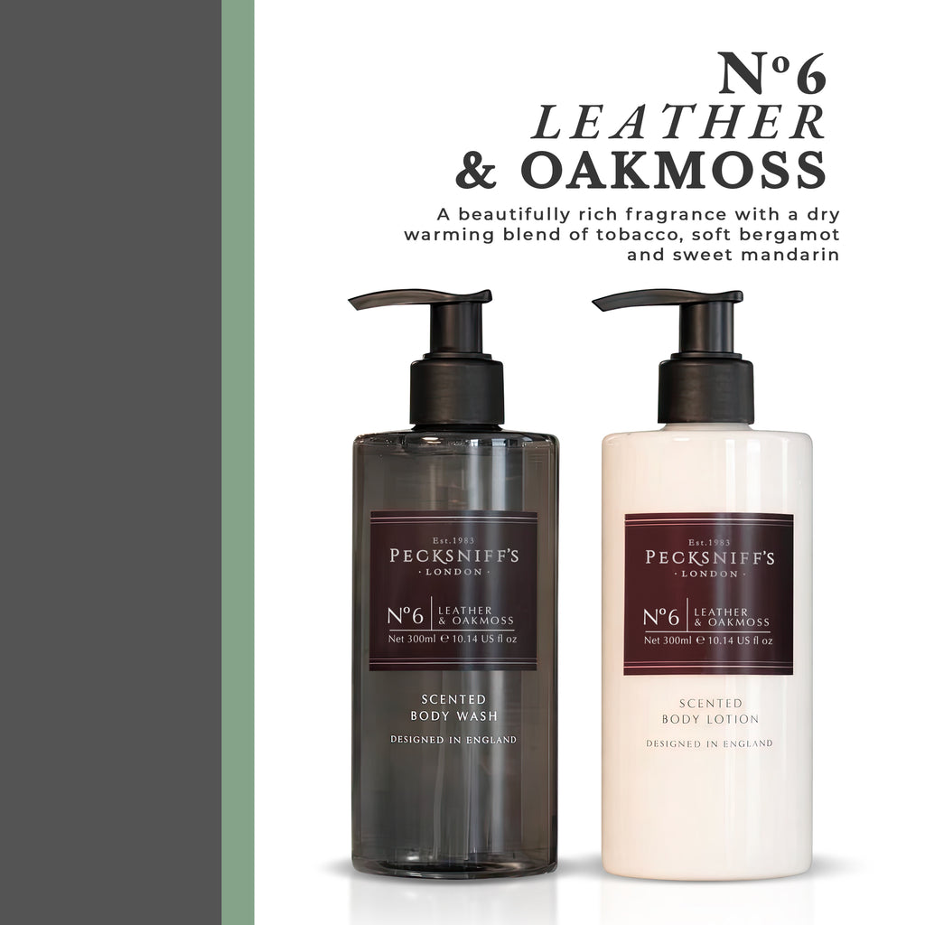 Pecksniffs Men's Bathing Duo Collection – Leather & Oakmoss Scented Body Wash and Body Lotion Gift Set, 2 x 250ml