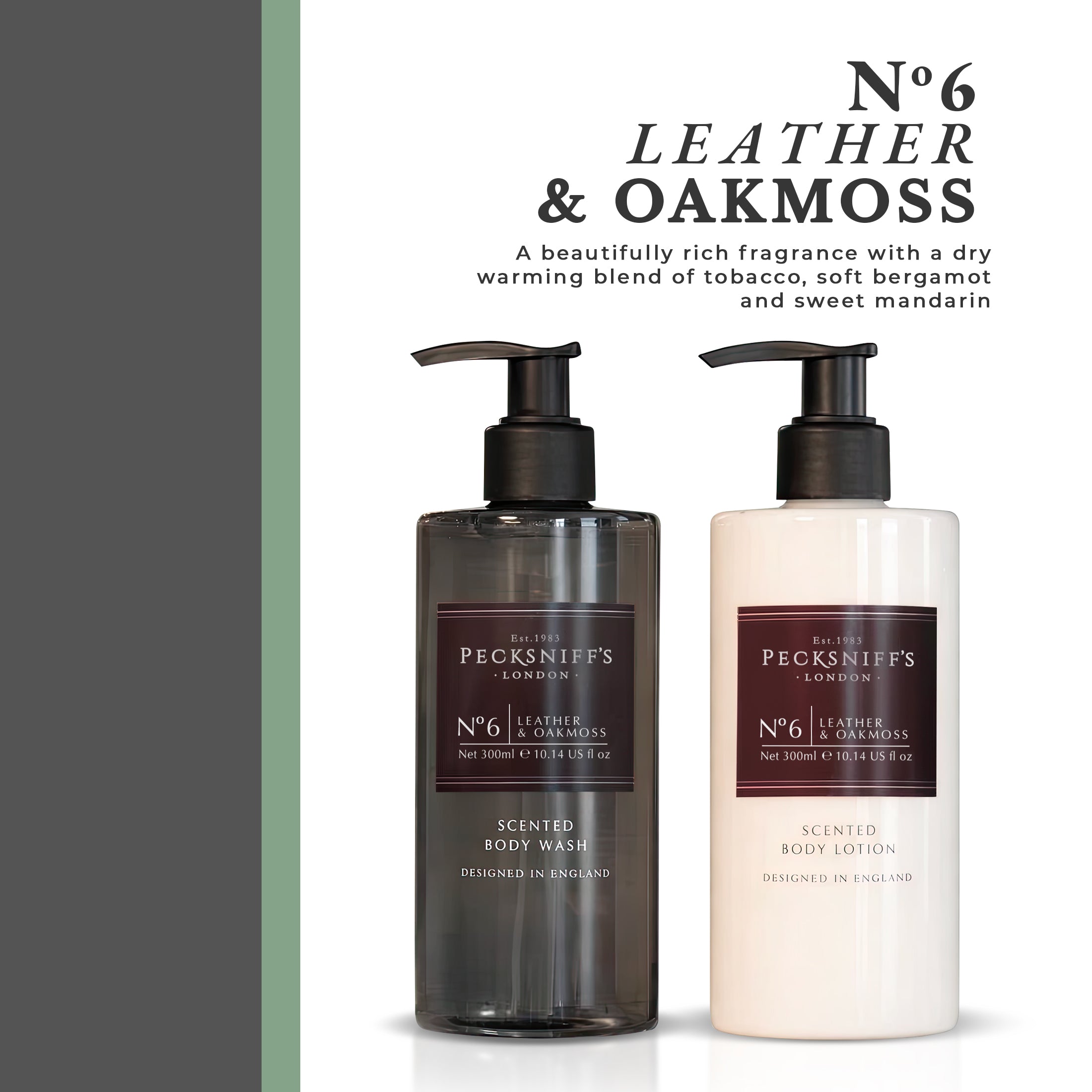 Pecksniffs Men's Bathing Duo Collection – Leather & Oakmoss Scented Body Wash and Body Lotion Gift Set, 2 x 250ml