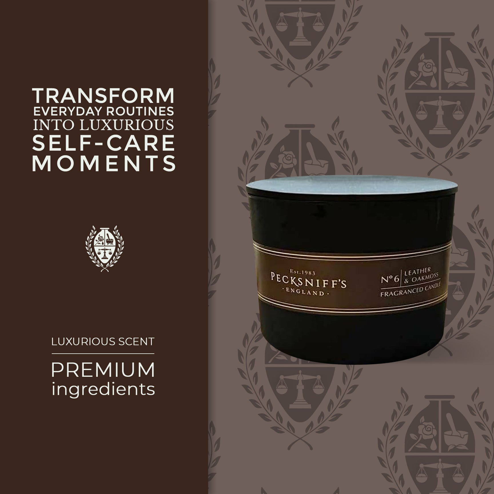 Pecksniffs Black Tall Leather & Oakmoss Scented Candle | 3 Wicks, 283g/9.9oz