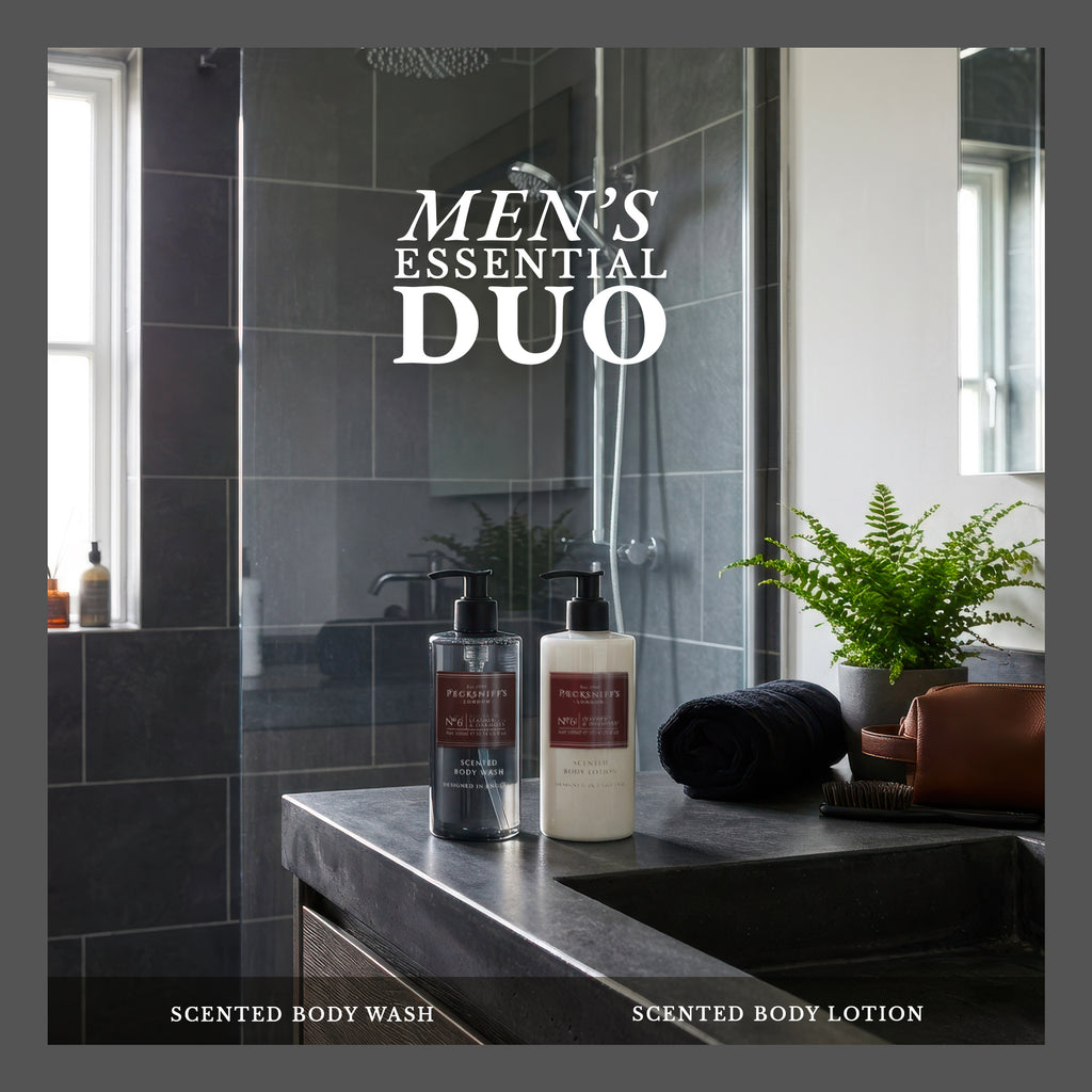Pecksniffs Men's Bathing Duo Collection – Leather & Oakmoss Scented Body Wash and Body Lotion Gift Set, 2 x 250ml