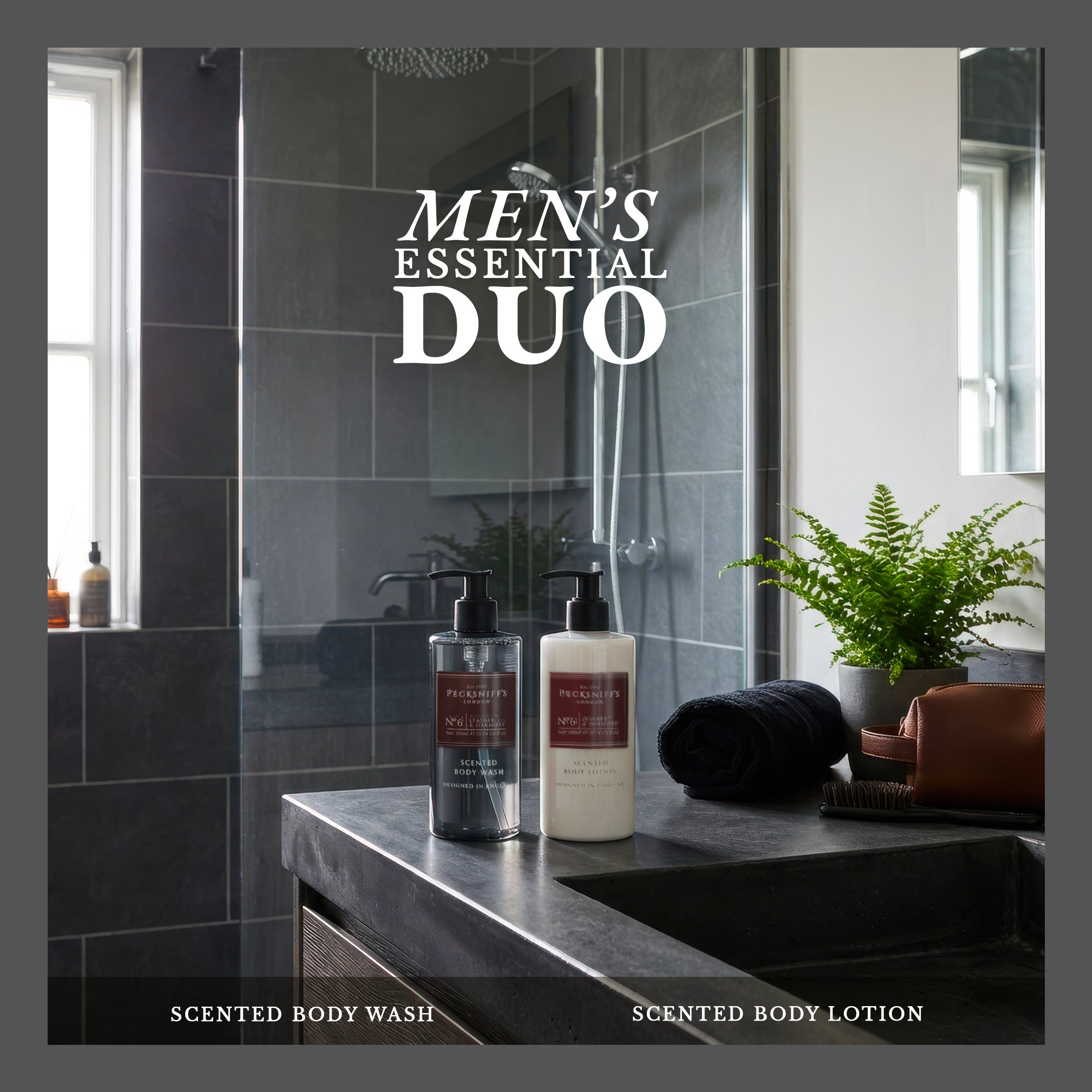 Pecksniffs Men's Bathing Duo Collection – Leather & Oakmoss Scented Body Wash and Body Lotion Gift Set, 2 x 250ml
